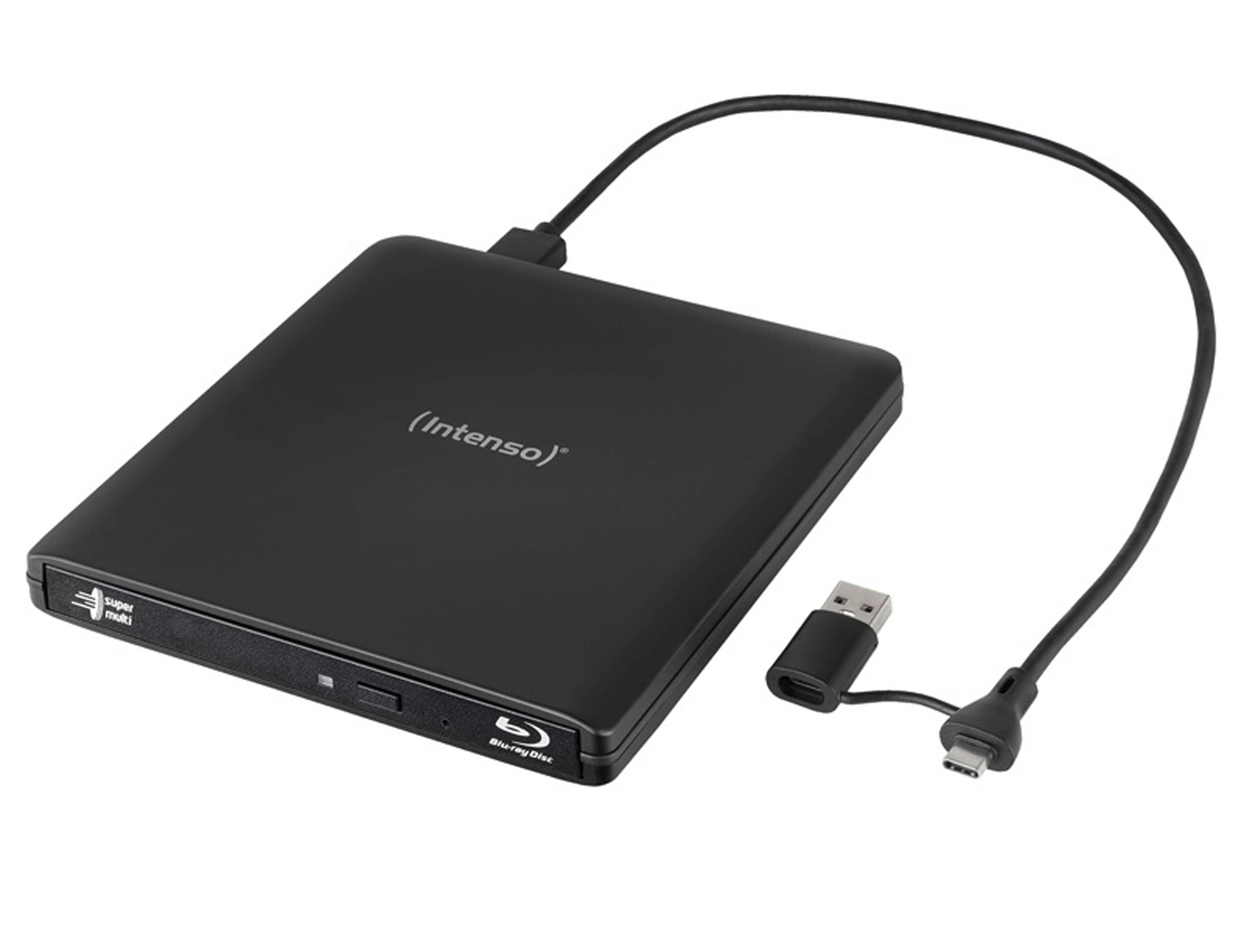 Ein schlanker, schwarzer externer Blu-ray-Laufwerks mit angeschlossenem USB-Kabel, auf dem oben der Markenname 'Intenso' zu sehen ist.