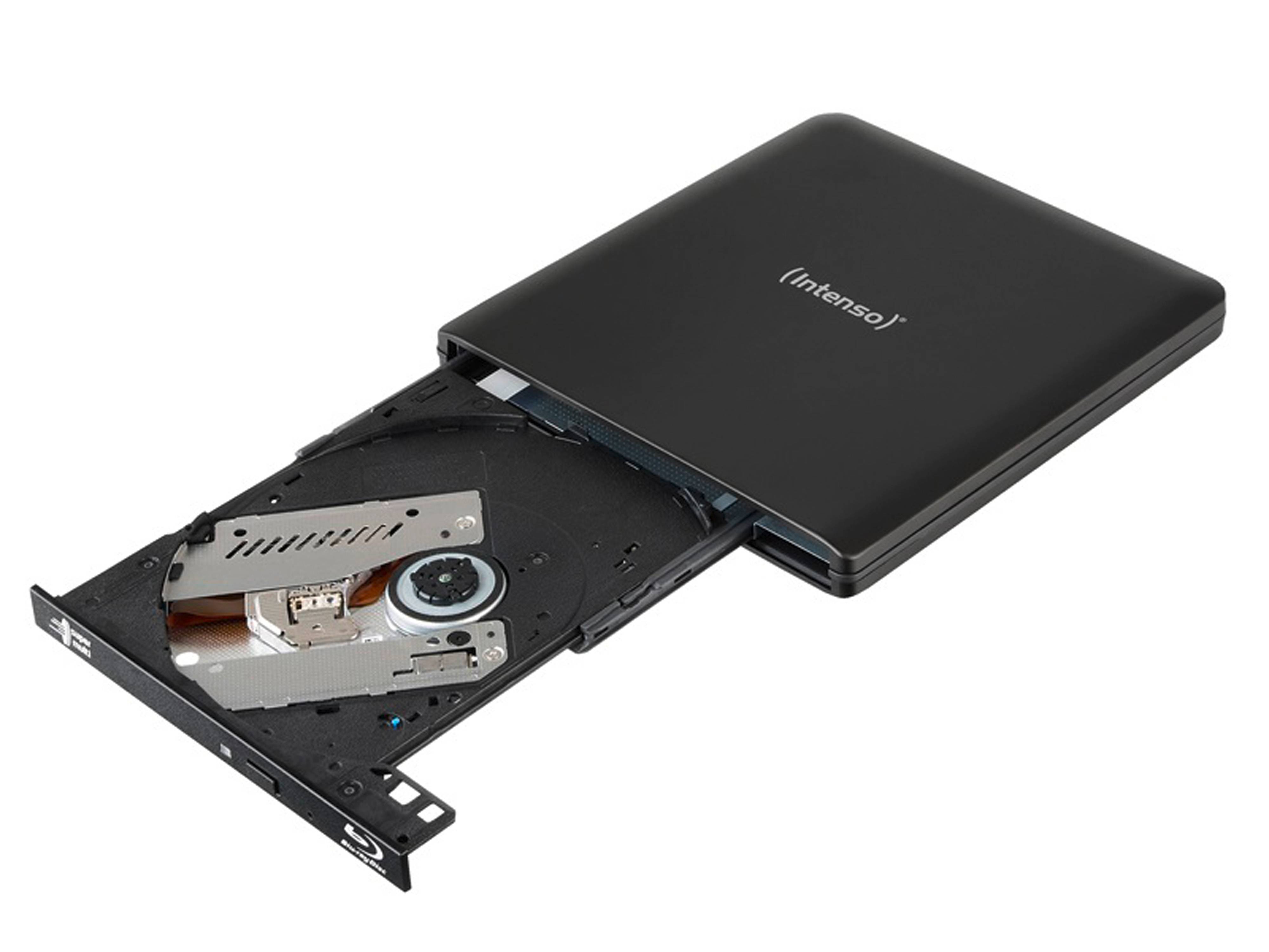 Ein schwarzes externes Blu-ray-Laufwerk mit ausgefahrenem Laufwerkschacht, das den internen Laser und den Spindelmechanismus zeigt.