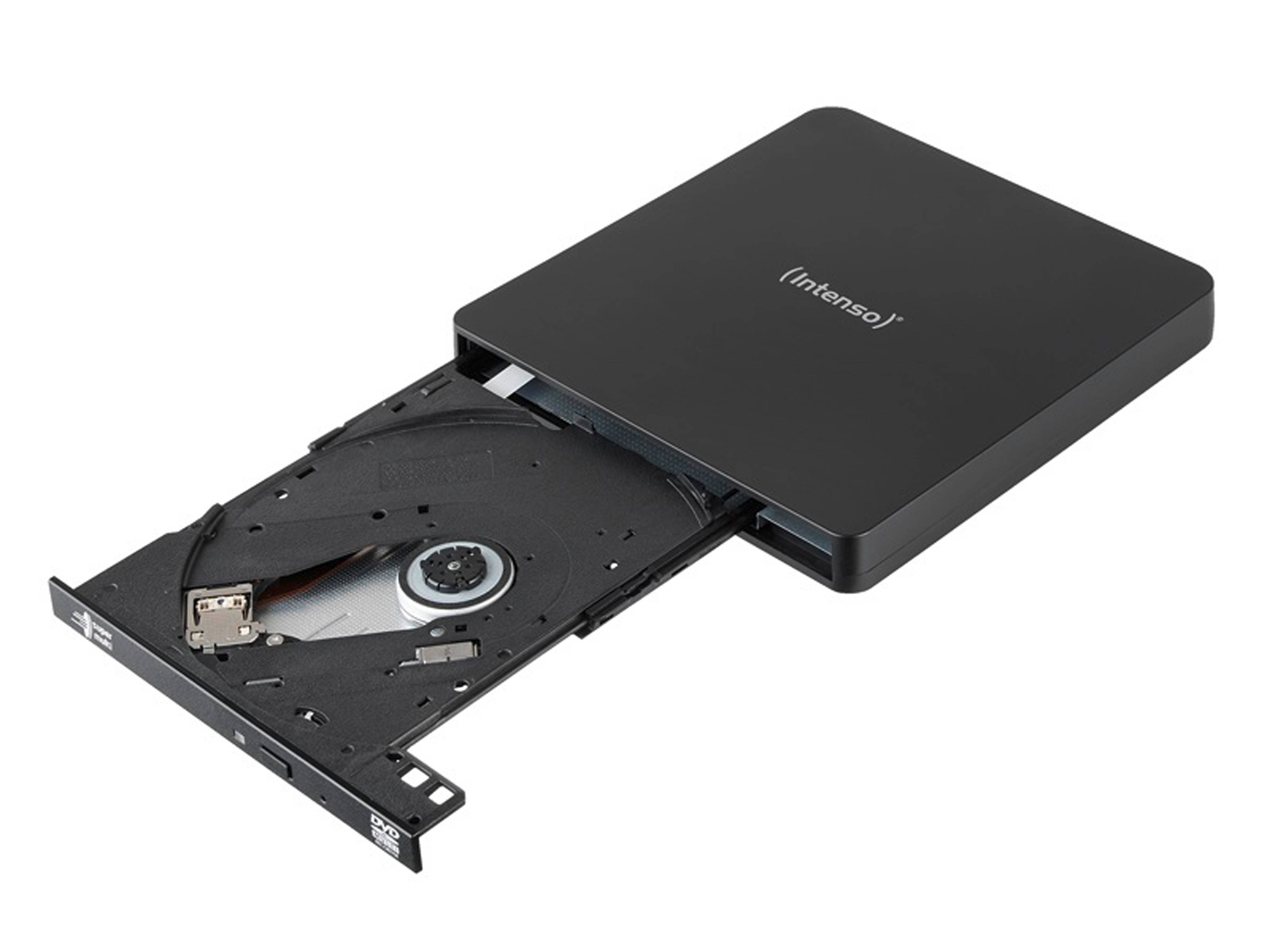 Ein externer DVD-Laufwerk mit einem ausfahrbaren Diskettenschacht, auf dem eine teilweise eingeschobene DVD liegt, mit der Markenbezeichnung 'Intenso'.