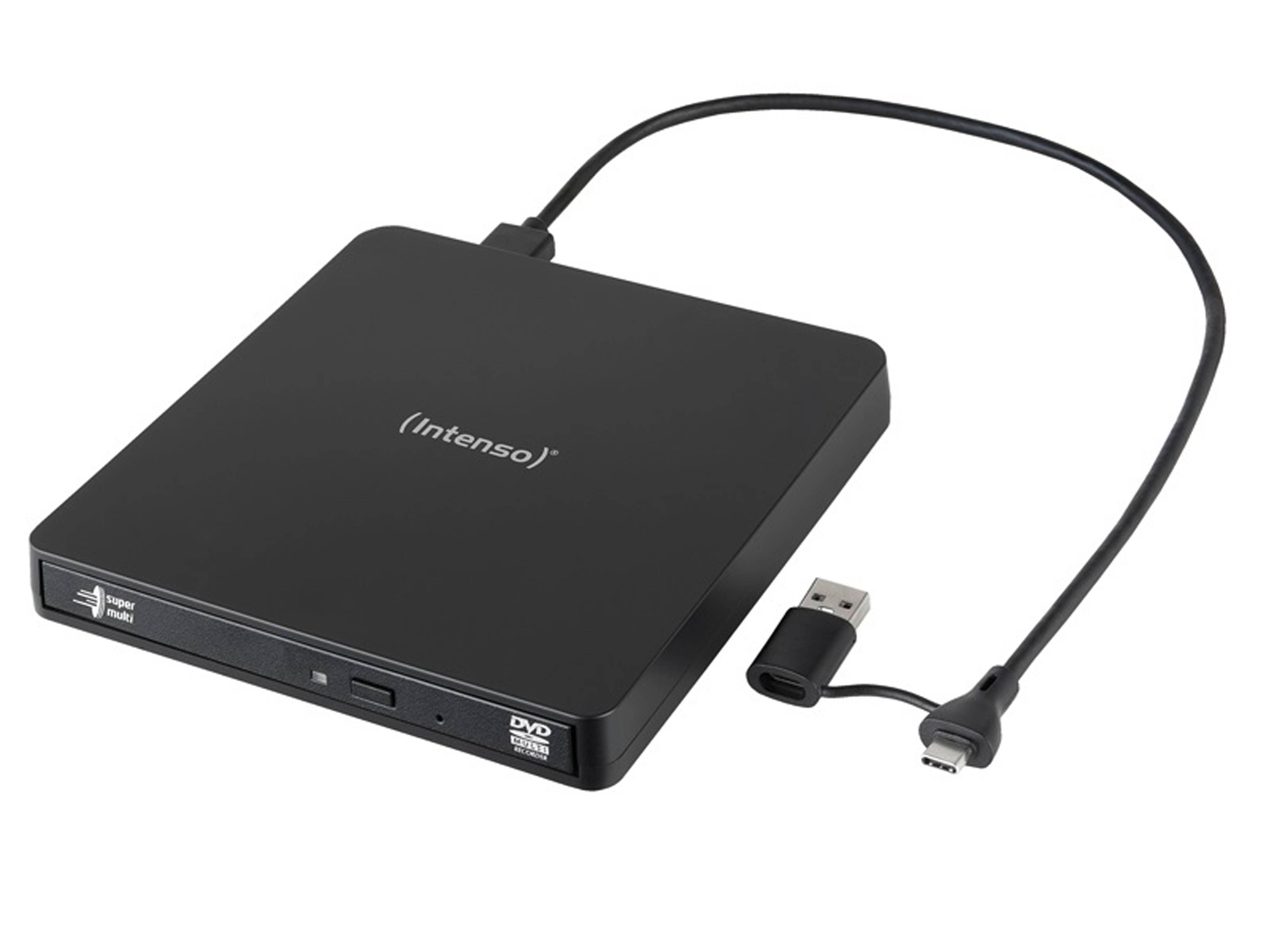 Ein schwarzer externer DVD-Brenner mit einem USB-Verbindungskabel, auf dessen Oberseite die Marke 'Intenso' aufgedruckt ist.