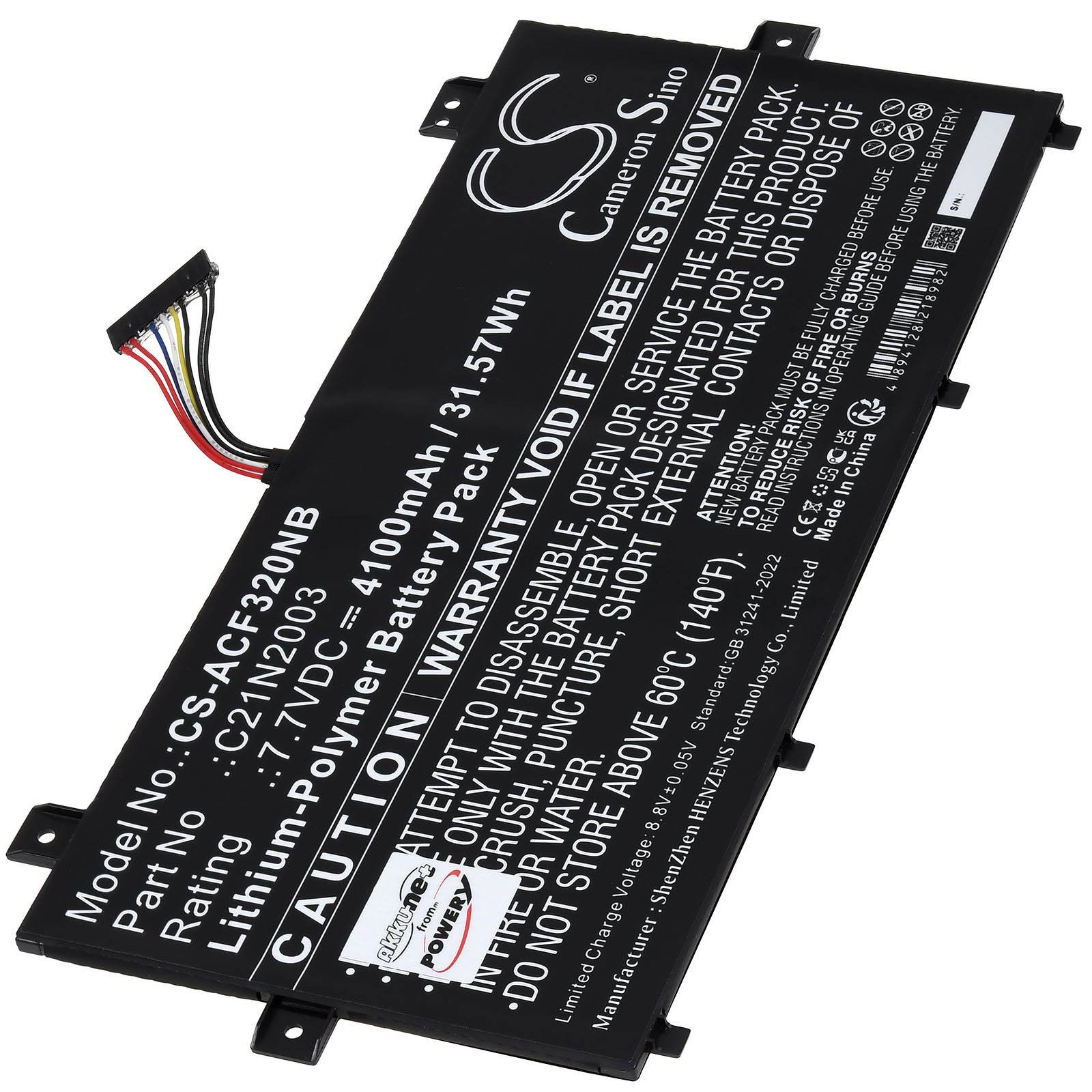 Cameroon Sino' Marke Laptop-Akku mit 4100mAh Kapazität, Modell CS-AC7320NB, mit Warn- und Garantieinformationstext.