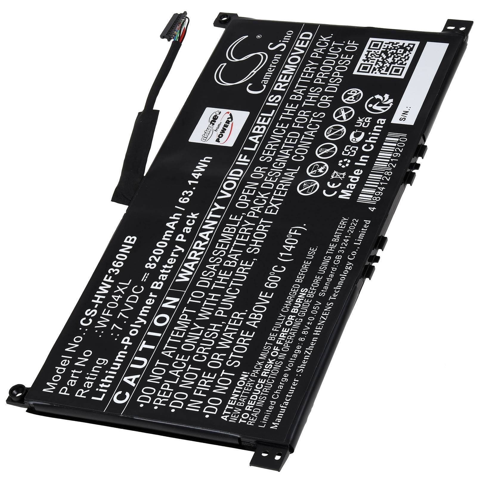 Ein Laptop-Akku mit Modell 'CS-WMF360NB', 7,6V, 61,3Wh Kapazität. Text enthält Sicherheitswarnungen und 'Made in China'.