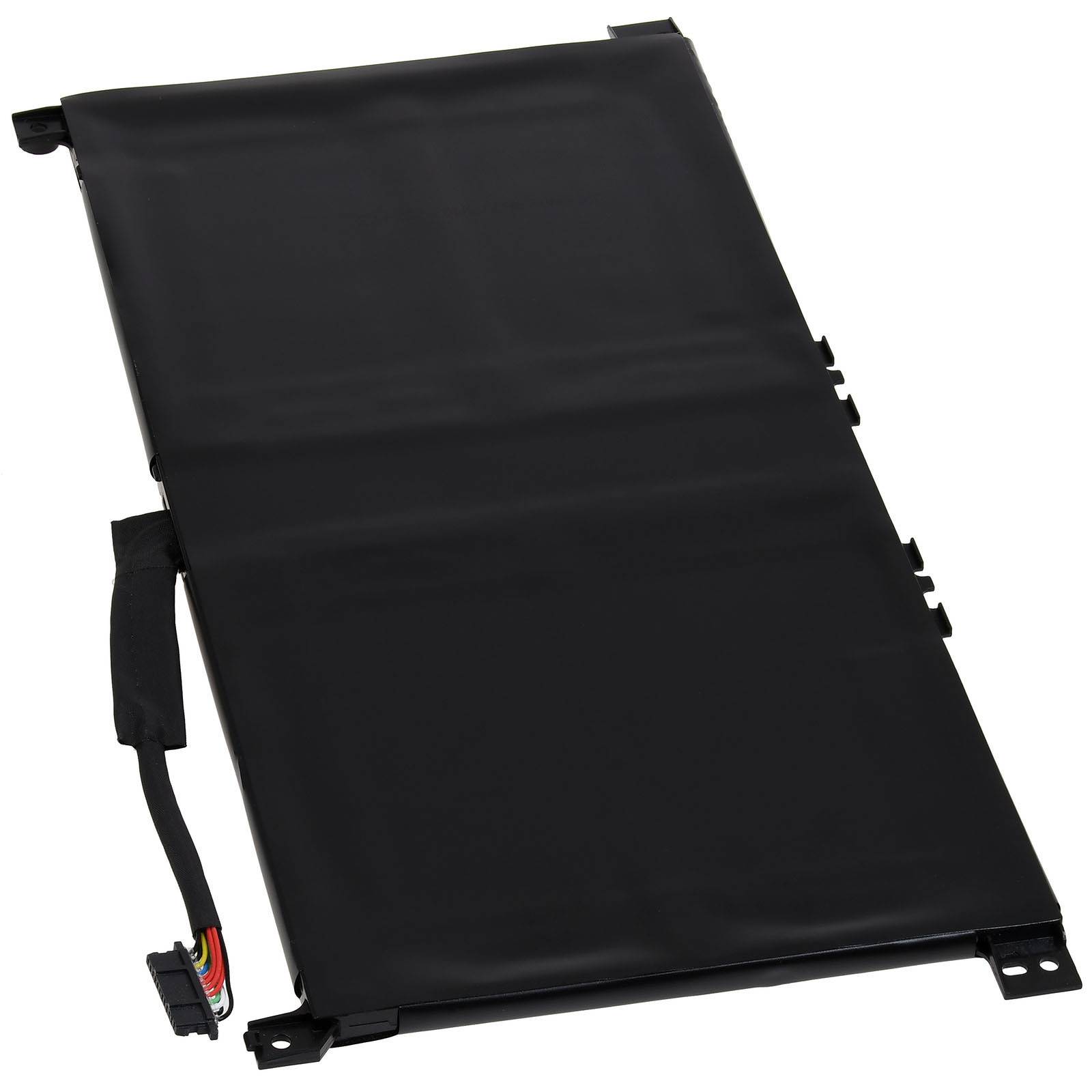 Eine schwarze rechteckige Laptop-Batterie mit angeschlossenen Anschlusskabeln, die vor einem weißen Hintergrund abgebildet ist.