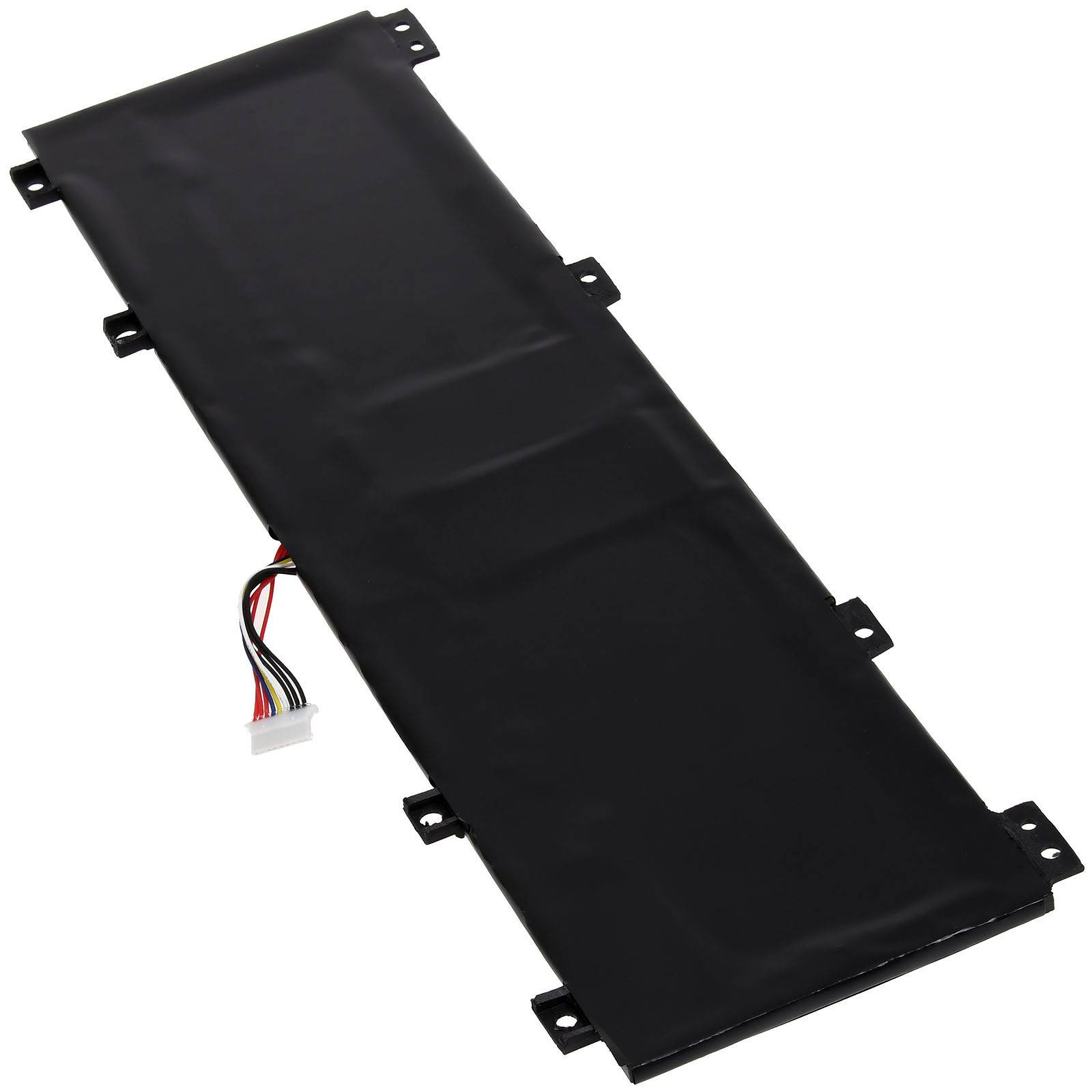 Eine rechteckige schwarze Lithium-Ionen-Batterie für elektronische Geräte mit einem mehrfarbigen Drahtanschluss.