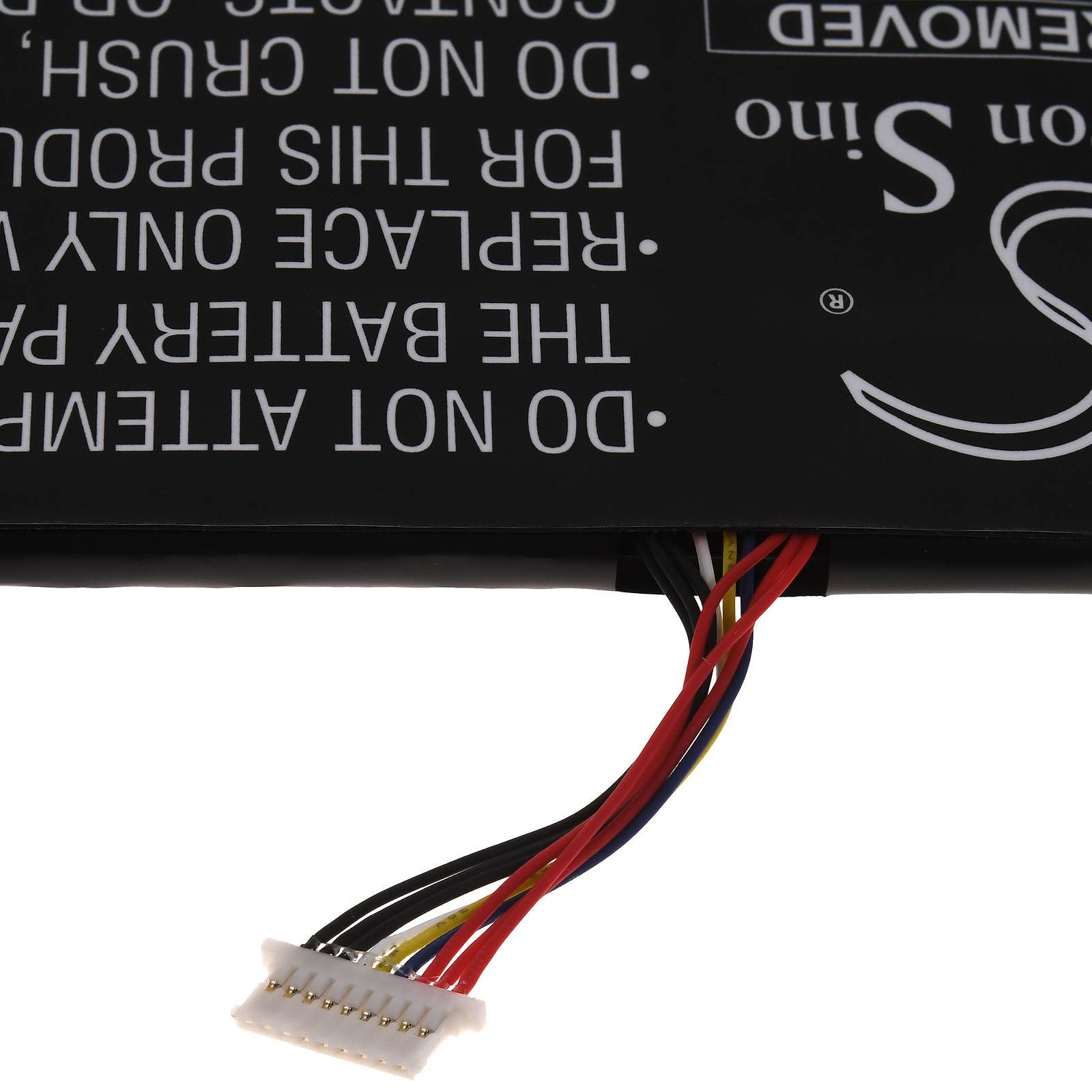 Nahaufnahme von Kabeln, die an eine Batterie angeschlossen sind, mit dem Text 'BATTERIE NICHT VERÄNDERN. FÜR DIESES PRODUKT ERSETZEN. KONTAKTIEREN SIE UNSEREN S.