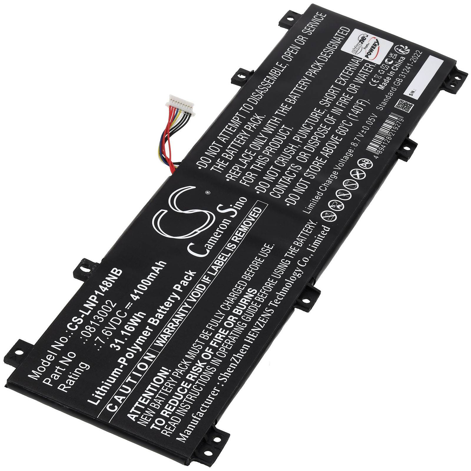 Rechteckiger schwarzer Lithium-Polymer-Akku mit dem Modell 'CS-MP149HB', 3,8V, 4000mAh Kapazität. Weißer Anschluss und detaillierte Spezifikationen gedruckt.