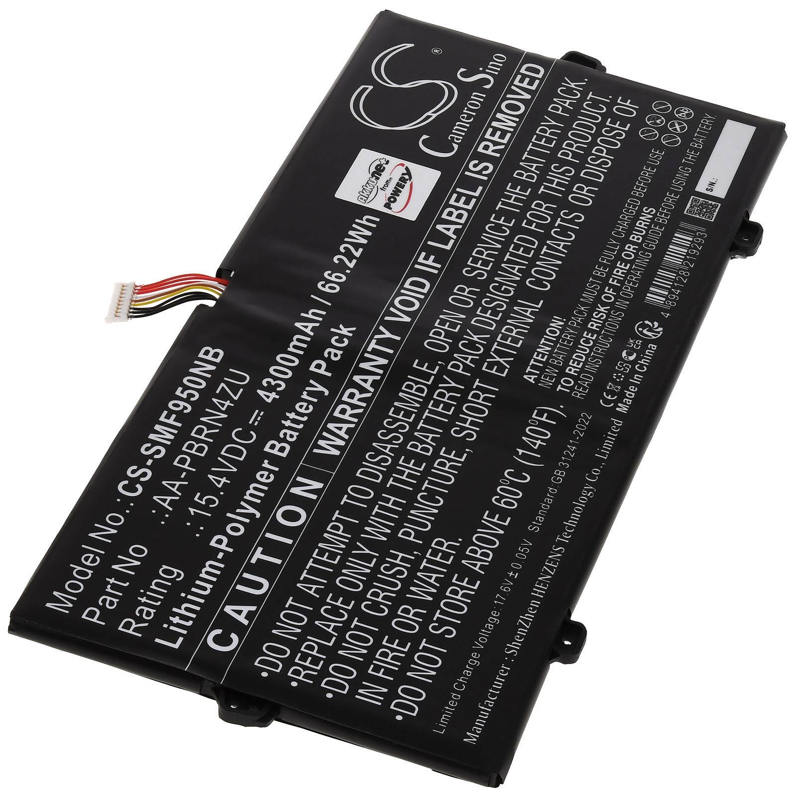 Ein rechteckiger Lithium-Polymer-Akkupack mit Sicherheitswarnungen, Modellnummer 'CS-MIF950NB' und technischen Spezifikationen.