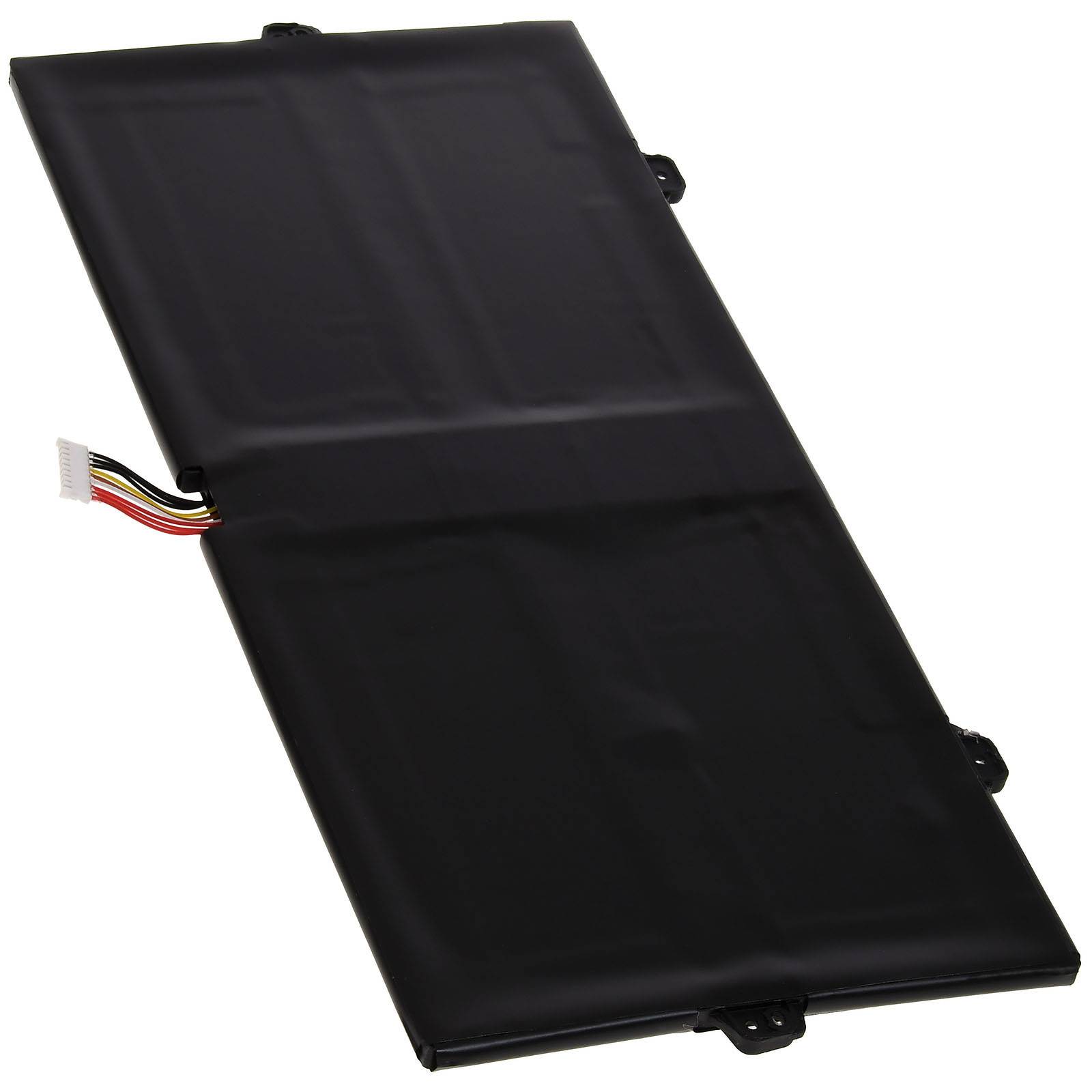 Eine rechteckige, schwarze Laptop-Batterie mit einem weißen Stecker und mehrfarbigen Kabeln, für den internen Einsatz in tragbaren Computern entwickelt.