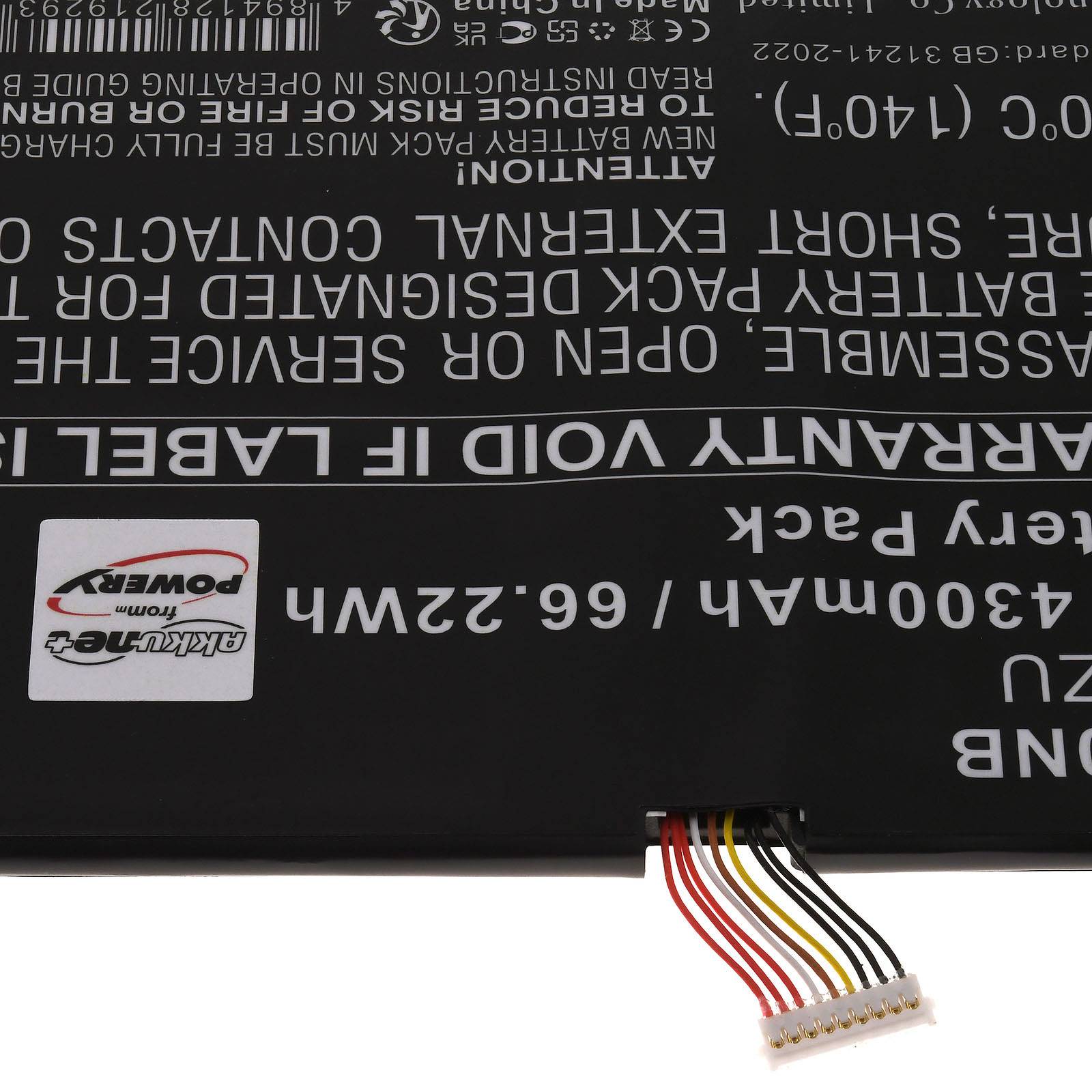 Eine schwarze Lithium-Ionen-Batterie mit sichtbarem Text, der Spezifikationen wie 4300mAh und 7,4V anzeigt. Mehrere farbige Kabel ragen aus der Batterie.