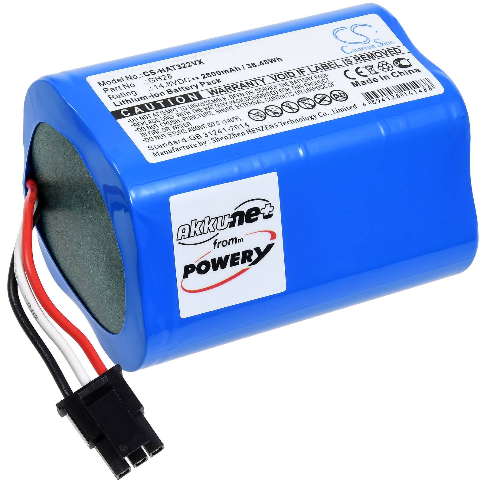 Ein blauer wiederaufladbarer Akkupack mit drei angeschlossenen Kabeln und einer Beschriftung, die besagt: 