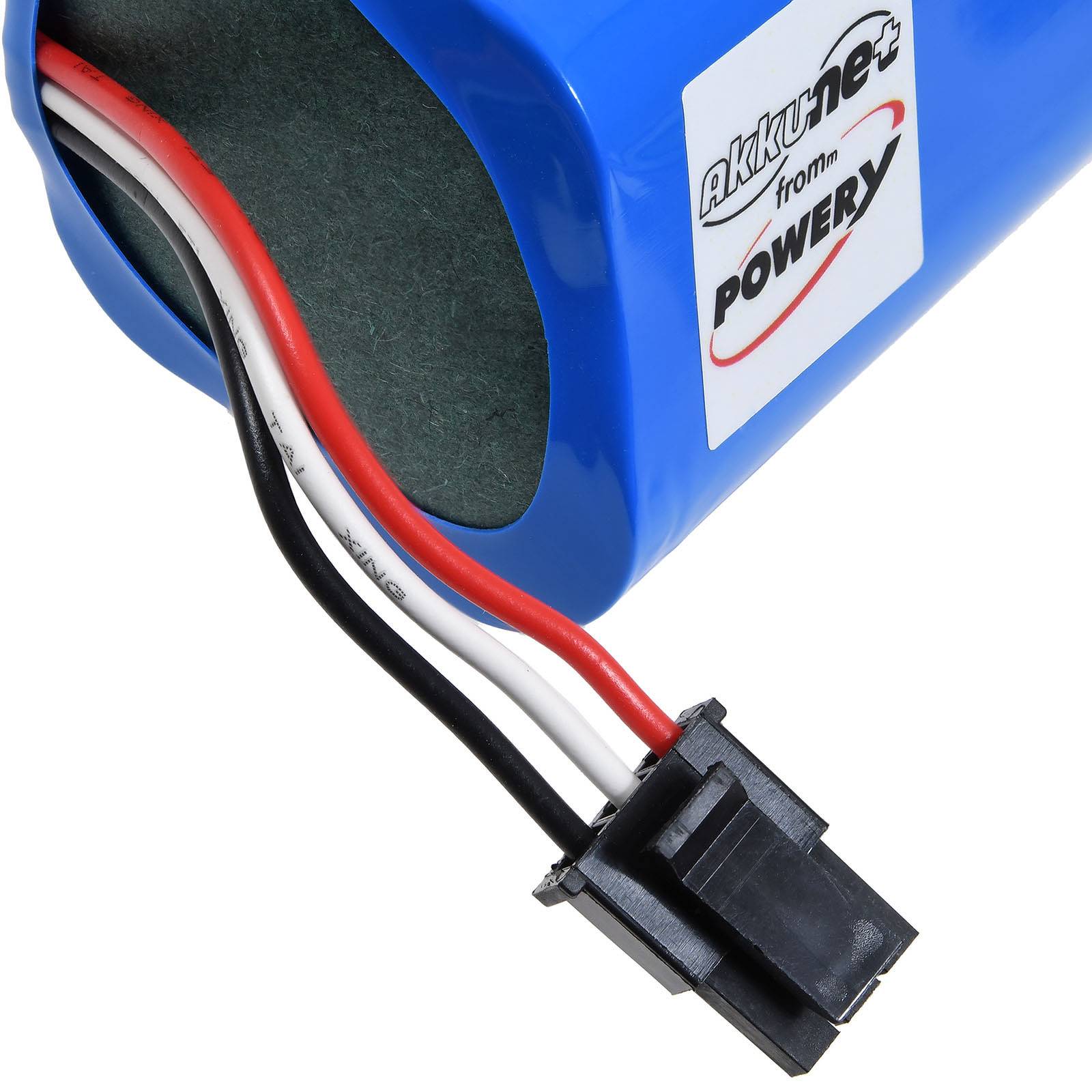 Akunex Power' Lithium-Akkupack mit roten, schwarzen und weißen Kabeln, die an einen schwarzen Stecker angeschlossen sind, entwickelt für elektronische Geräte.