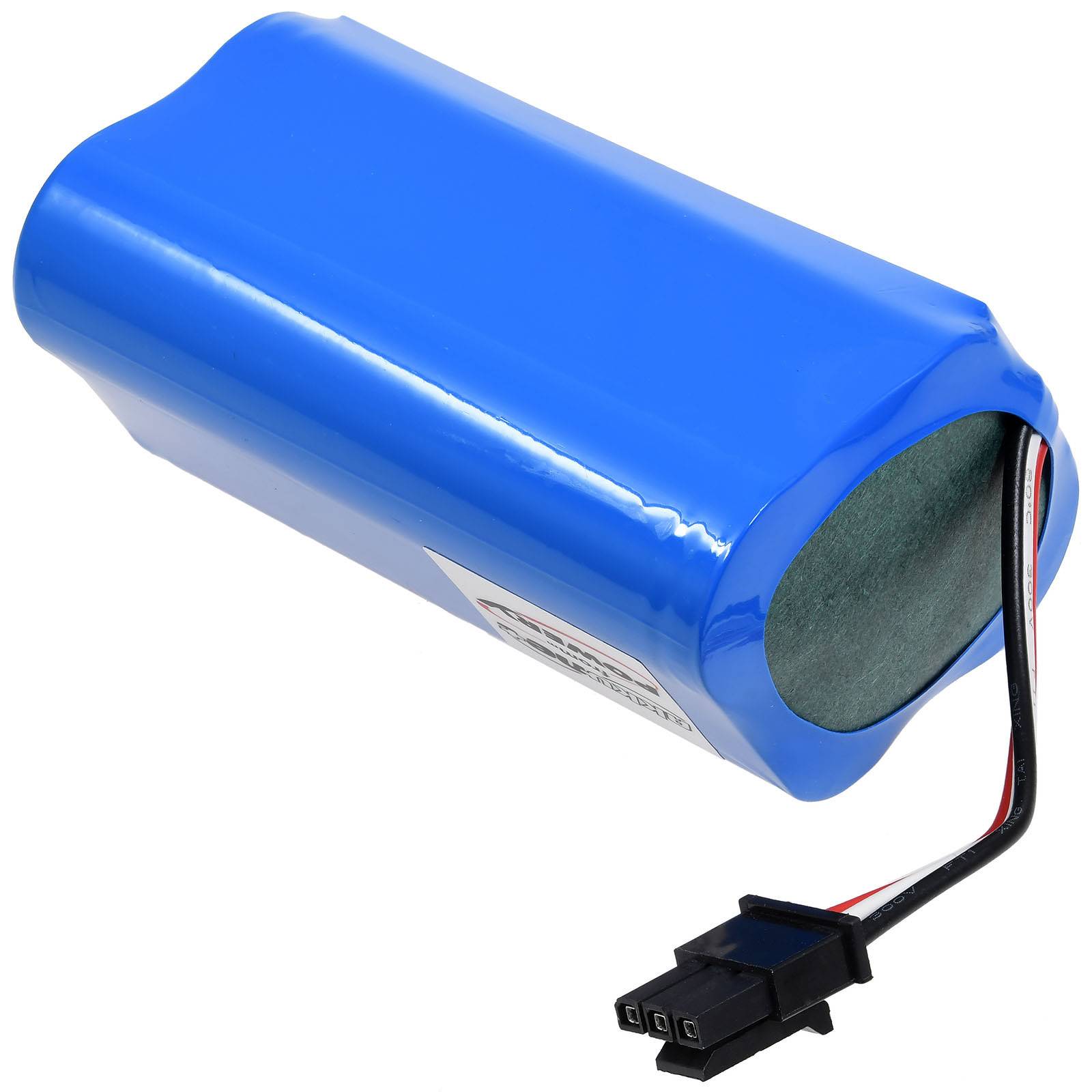 Ein blauer zylindrischer Lithium-Ionen-Akkupack mit einem schwarzen und einem roten Kabel, das an einen schwarzen Stecker angeschlossen ist, für elektronische Geräte.