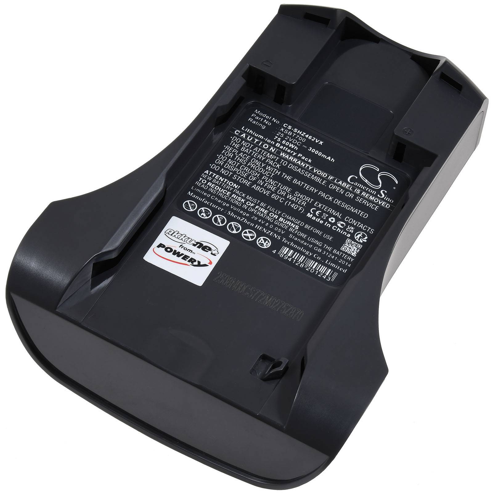 Lithium-Ionen-Akkupack mit Etikett, das Spezifikationen und Sicherheitswarnhinweise zeigt. Schwarzes Kunststoffgehäuse, entwickelt für elektronische Geräte.