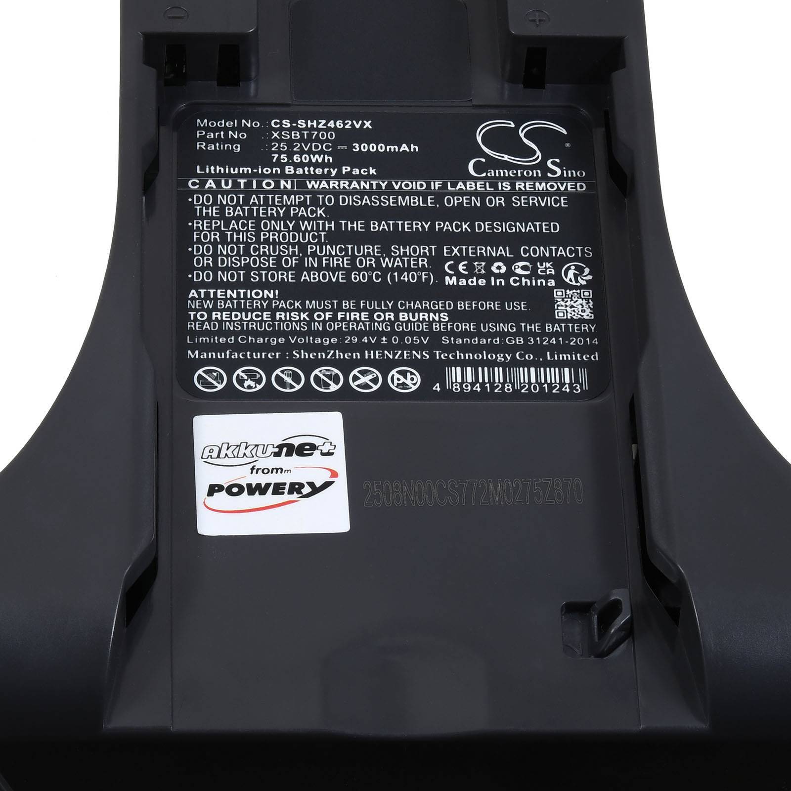 Das Bild zeigt einen Kamerakamera-Akku mit folgenden Spezifikationen: 7,2V, 3600mAh, Lithium-Ionen. Auf dem Etikett sind Garantie- und Sicherheitsinformationen enthalten.