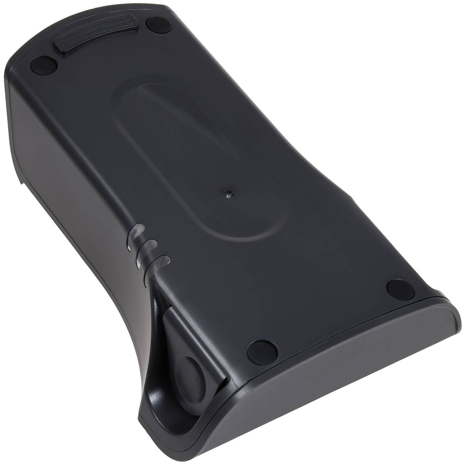 Ein schwarzer Plastik-Teigspender mit einem seitlichen Hebel für kontrolliertes Ausgießen. Das Design ist schlank und liegt bequem in der Hand.