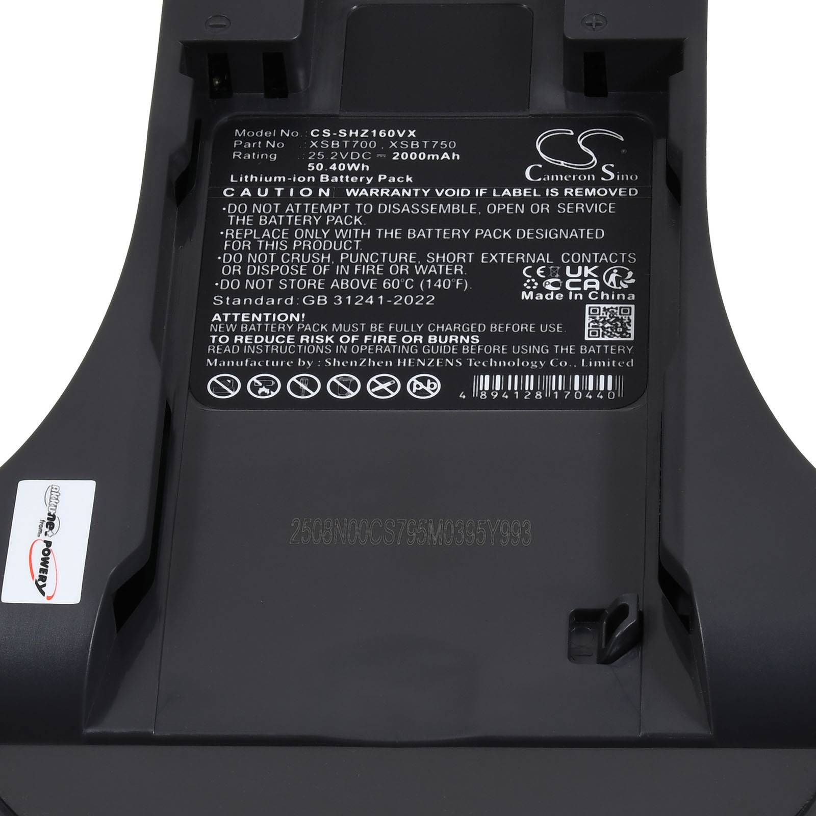 Batteriepackungsetikett mit Spezifikationen: Modell CS-SMZ660VX, Kapazität 7,50 Wh, 2000 mAh, Spannung 3,7 V. Anweisungen und Warnhinweise enthalten.
