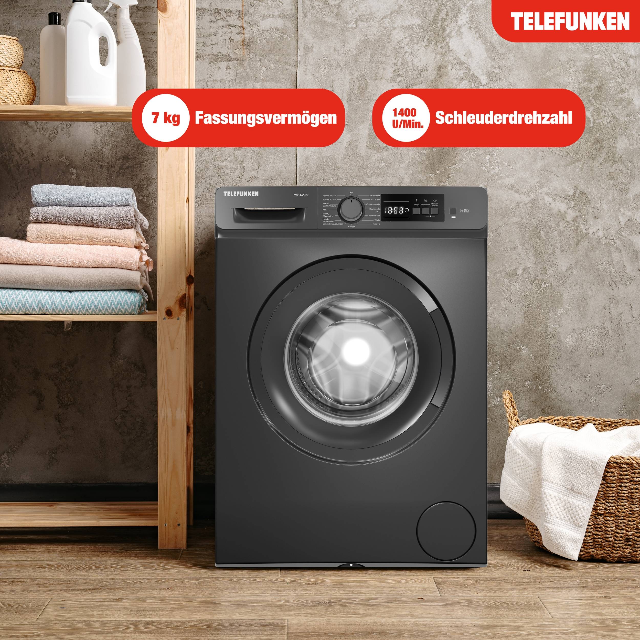 Telefunken Waschmaschine 7kg | Frontlader 1400 U/Min. | Inverter Motor | AquaStop | Schontrommel | W714AS1DI dark inox