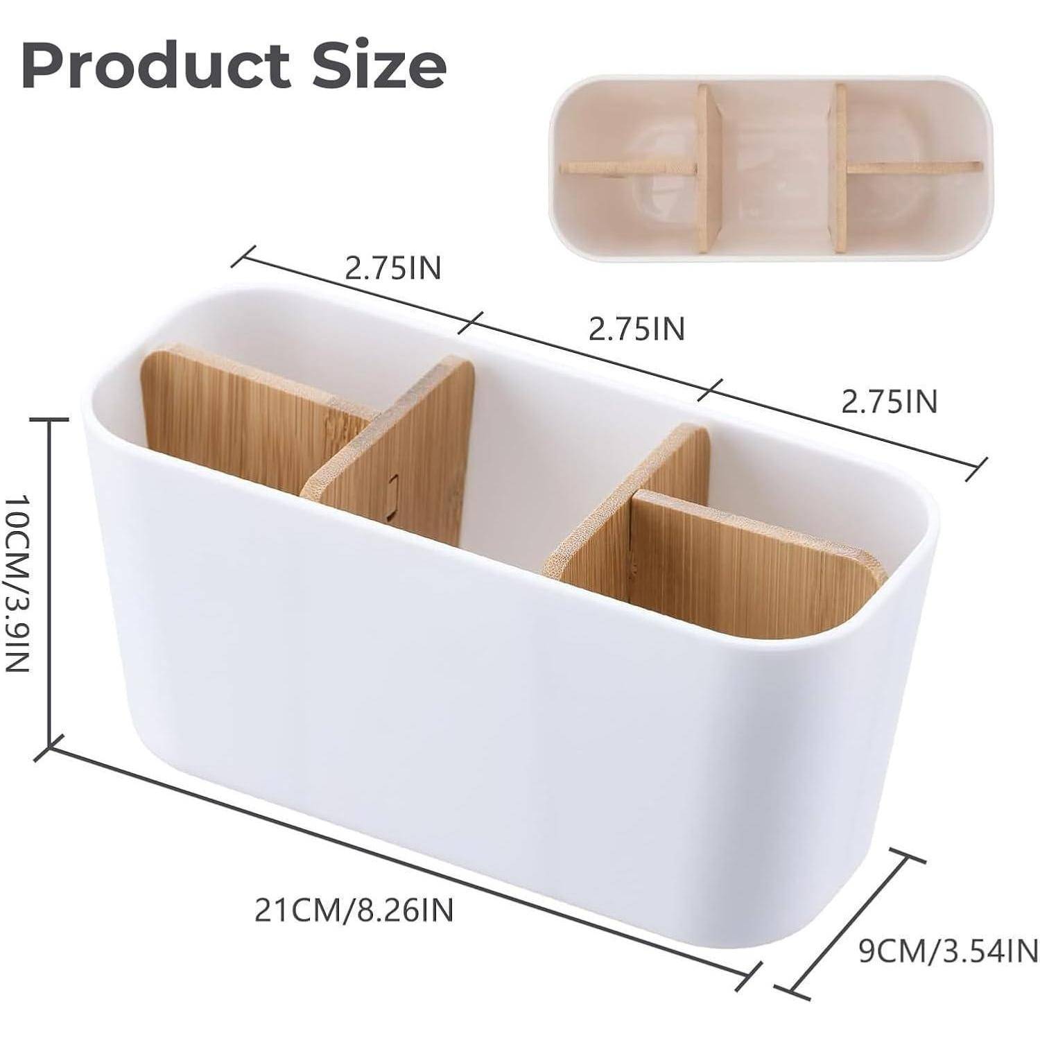 Weißer Organizer mit drei Holztrennwänden. Abmessungen: 21 cm x 9 cm x 10 cm (8,26 Zoll x 3,54 Zoll x 3,91 Zoll).