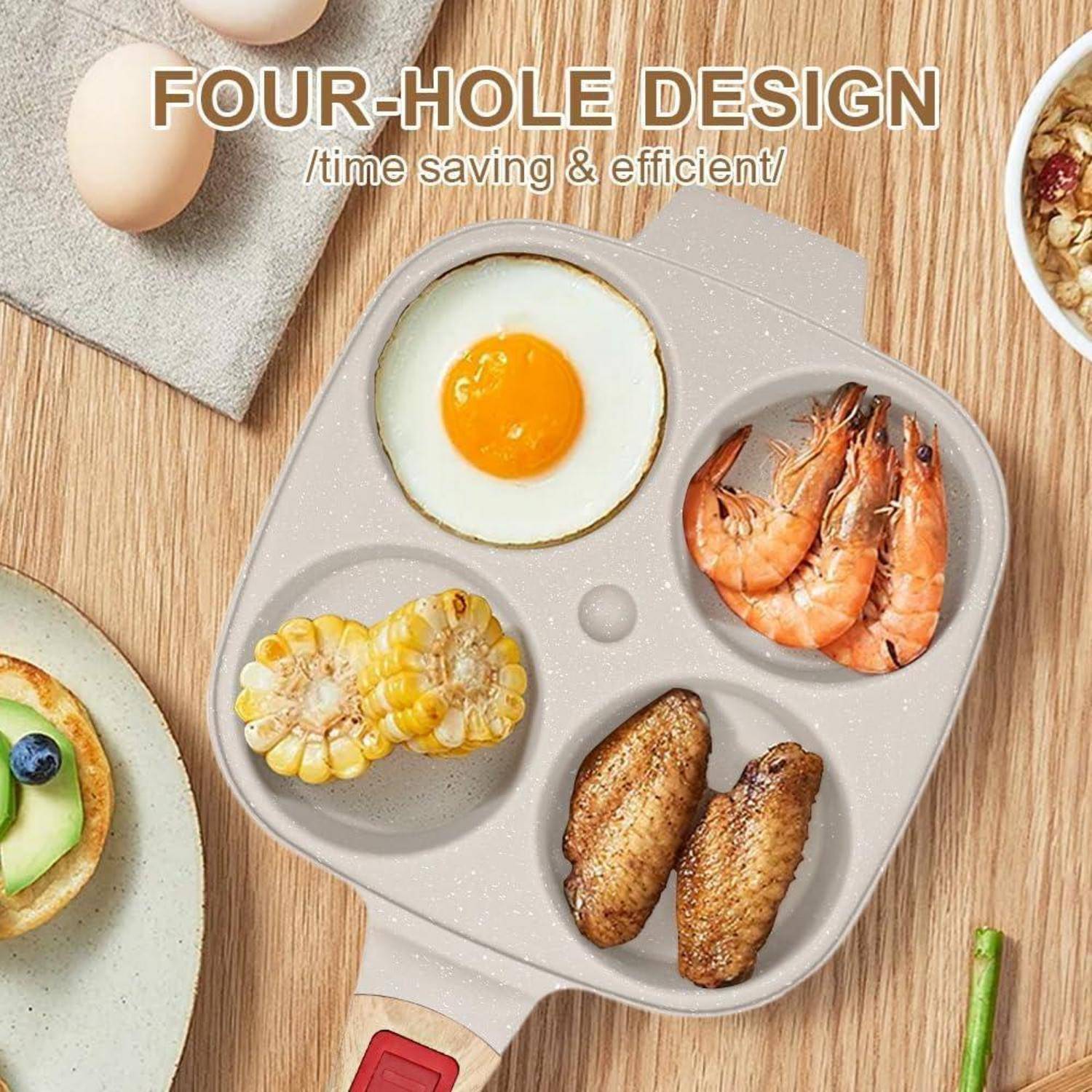 Bratpfanne mit Vier-Löcher-Design zum Braten von Spiegelei, Garnelen, Mais und Hühnerflügeln. Bildunterschrift lautet: „Zeitersparend & effizient