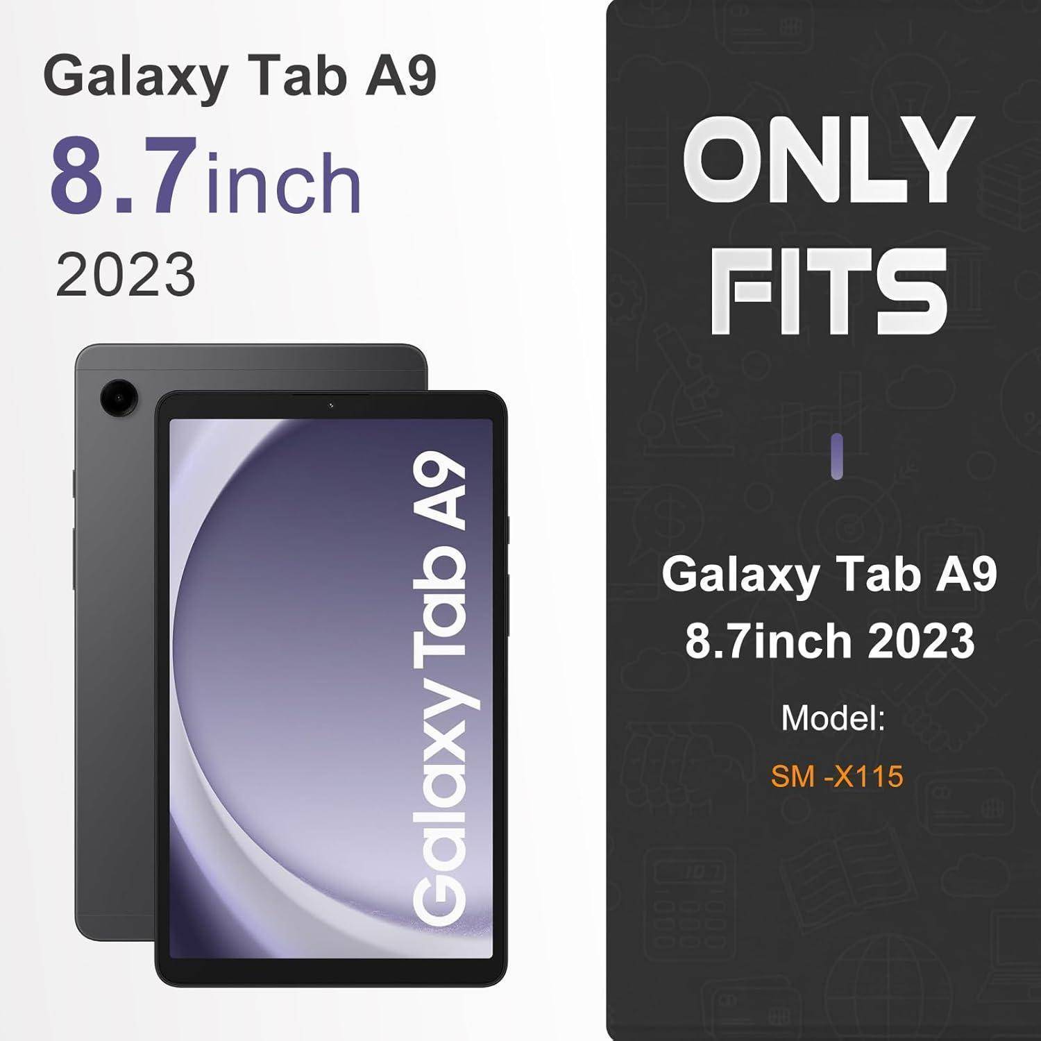 Galaxy Tab A9' mit einem 8,7-Zoll-Bildschirm, Modell SM-X115, dargestellt mit Texthervorhebungen zu Größe und Kompatibilität.