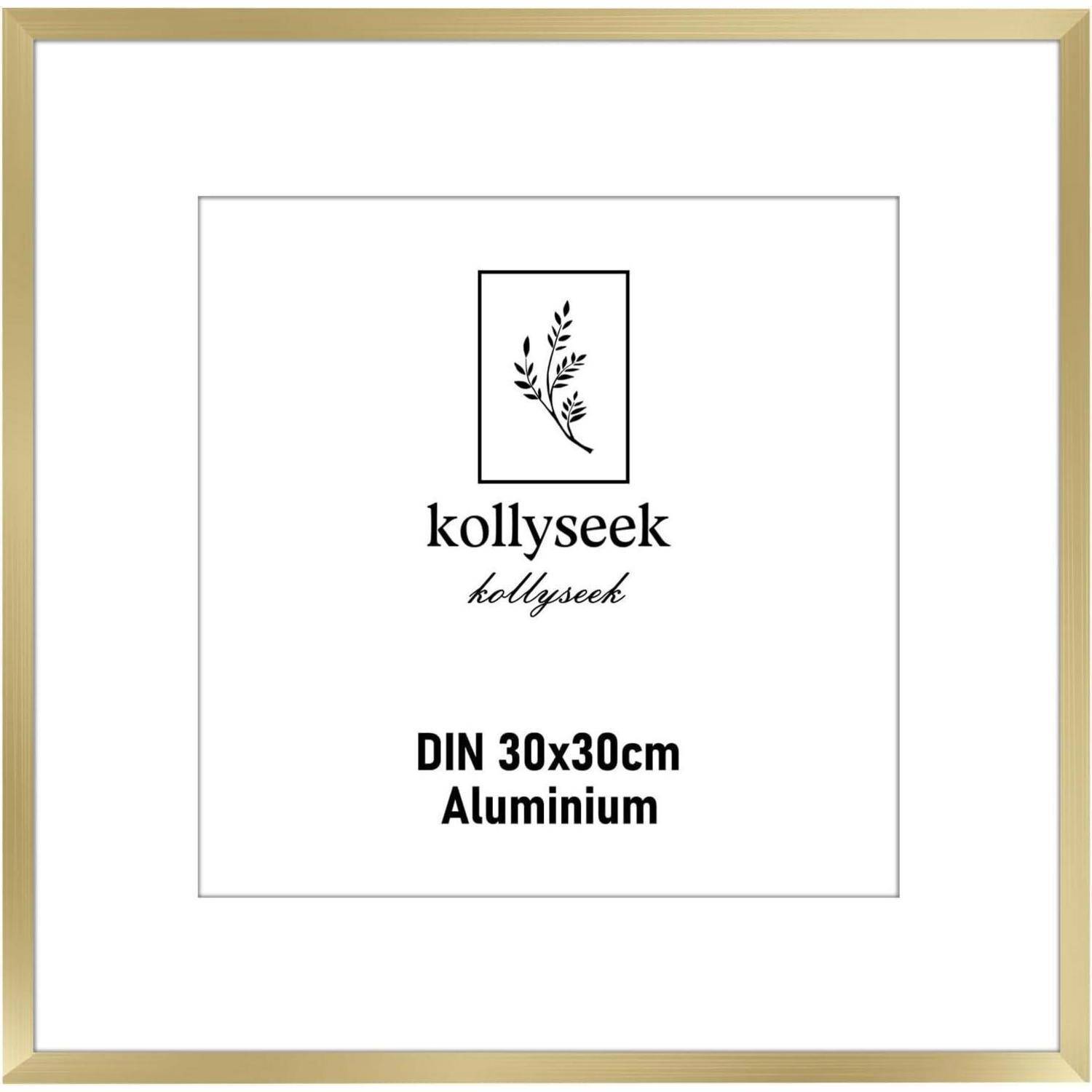 kollyseek,' Markenlogo mit einem minimalistischen Blumendesign, mit dem Text 'DIN 30x30cm Aluminium', der die Produktspezifikationen angibt.