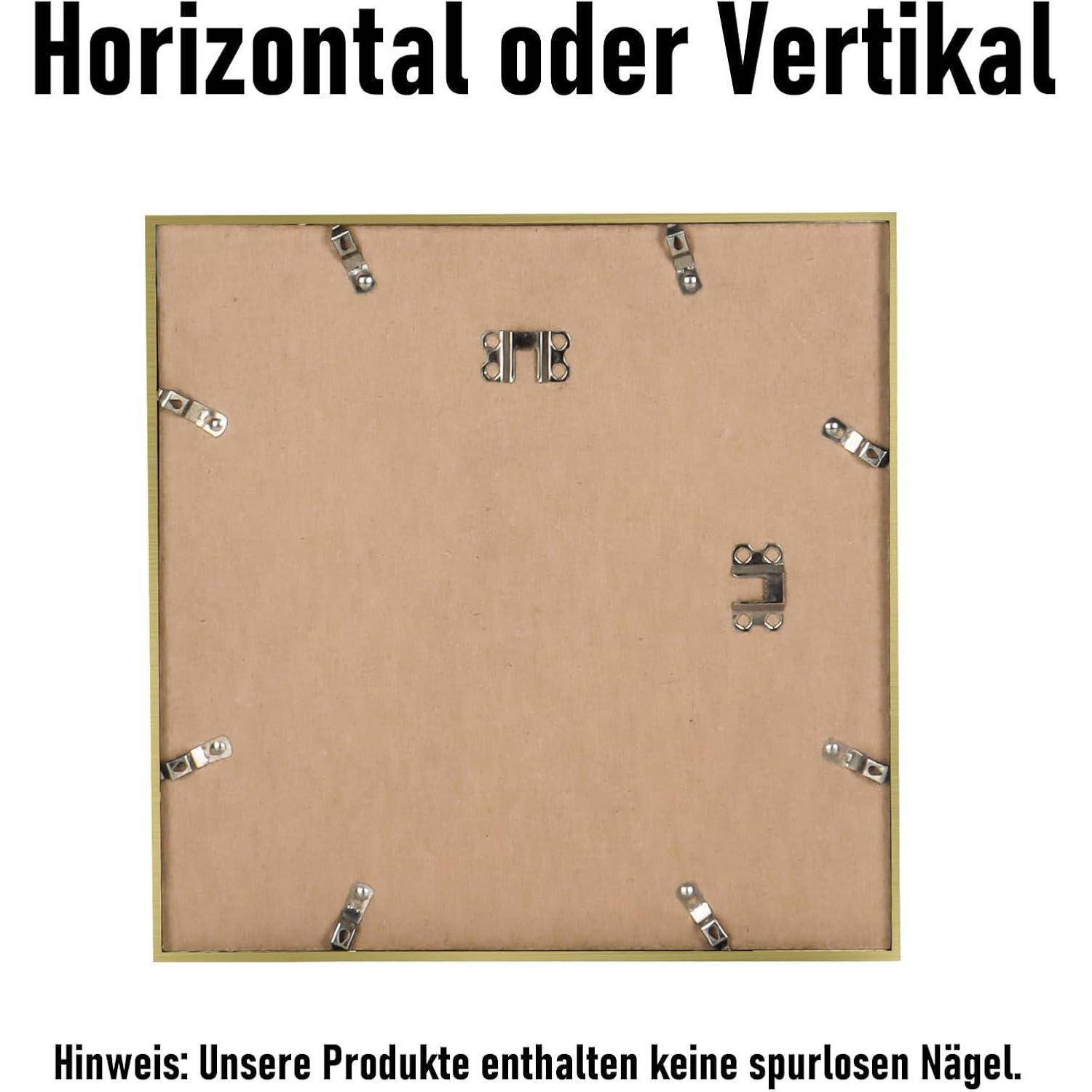 Horizontal oder Vertikal' über der Rückseite eines Bilderrahmens mit Aufhängehaken. Hinweis: 'Unsere Produkte enthalten keine spurlosen Nägel.