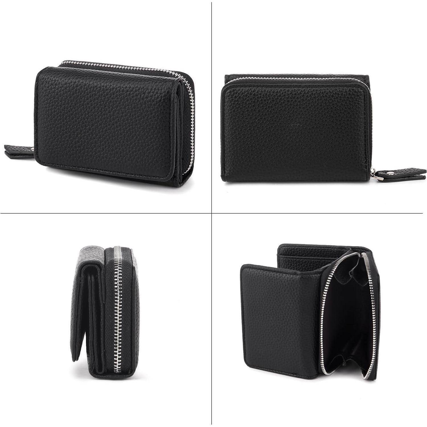 Schwarze Lederbrieftasche, gezeigt aus vier Perspektiven: von vorne, von hinten, von der Seite und im Inneren geöffnet, wobei ihr kompaktes und elegantes Design zur Geltung kommt.