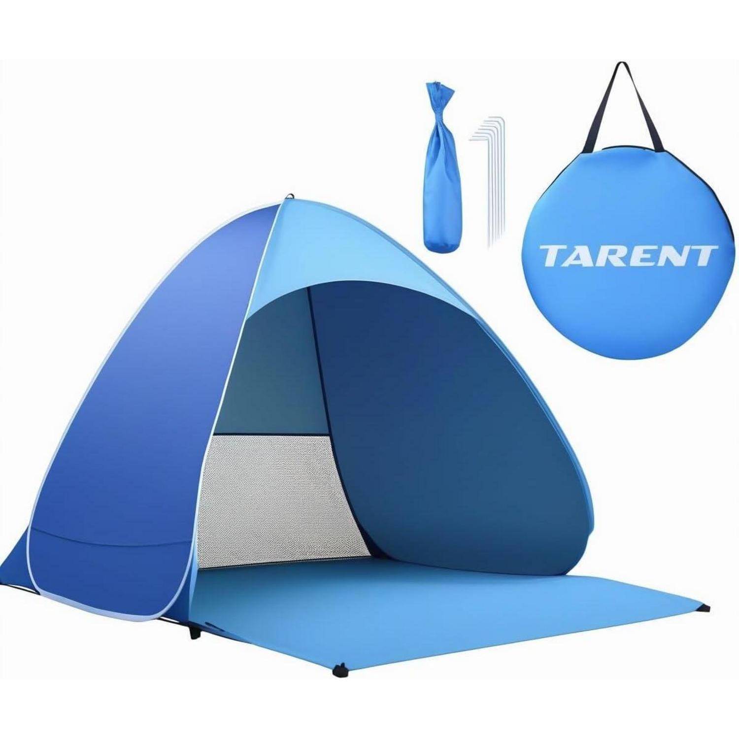 Ein blauer Pop-up Strand-Zelt mit offener Vorderseite, Tragetasche und drei Heringe. Die Tasche zeigt den Markennamen 'TARENT'.