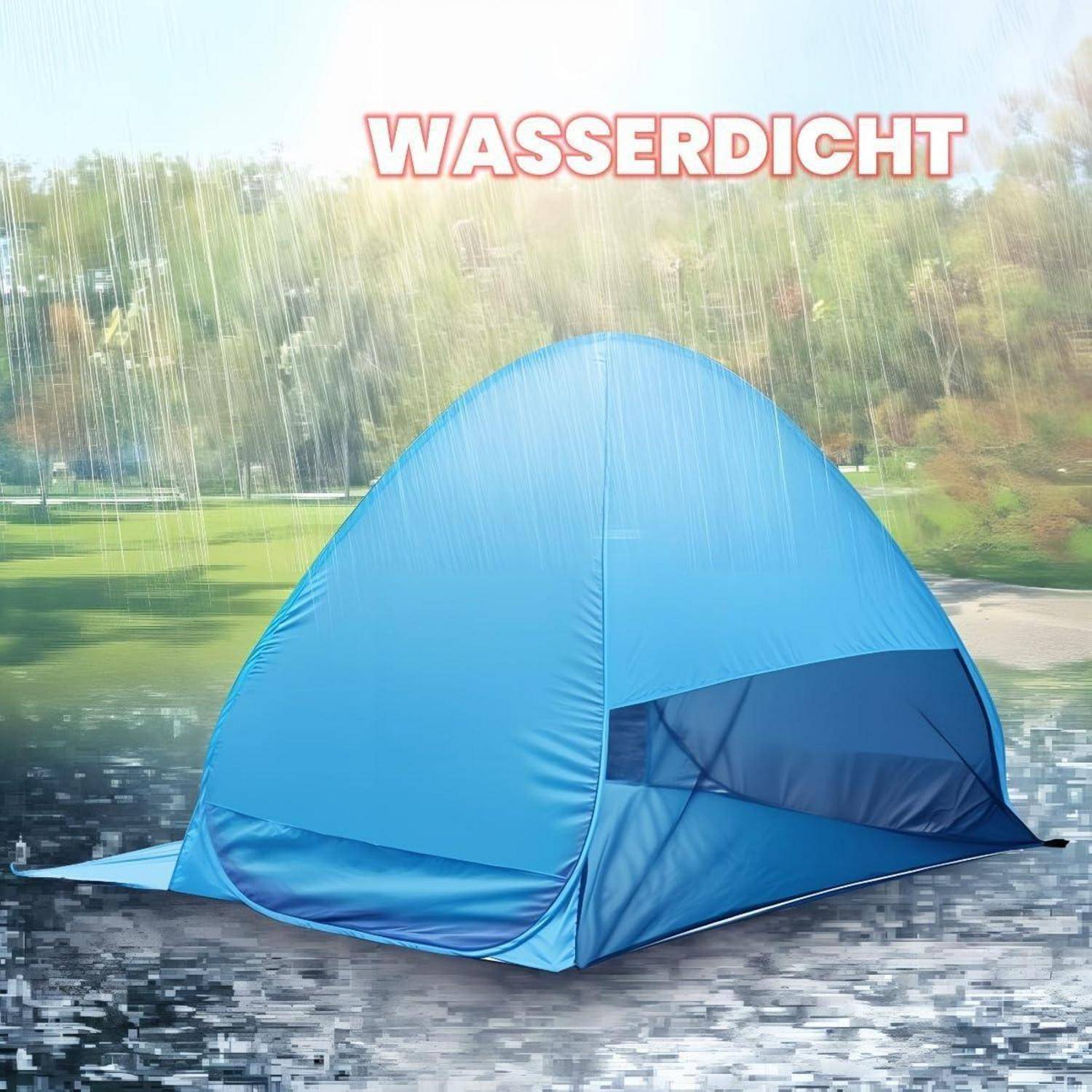 Ein blaues Zelt bei regnerischem Wetter an einem See mit dem Wort 'Wasserdicht', das darauf hinweist, dass das Zelt wasserdicht ist.
