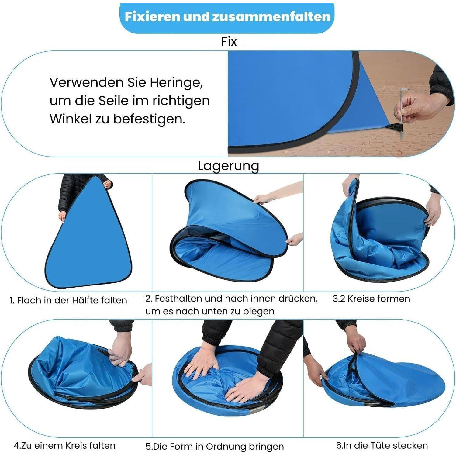 Eine Anleitung zum Zusammenfalten und Sichern eines Zeltes: Ausbreiten, Halbieren, in Kreise formen, einen kleinen Kreis bilden, richtig gestalten, in den Beutel legen.