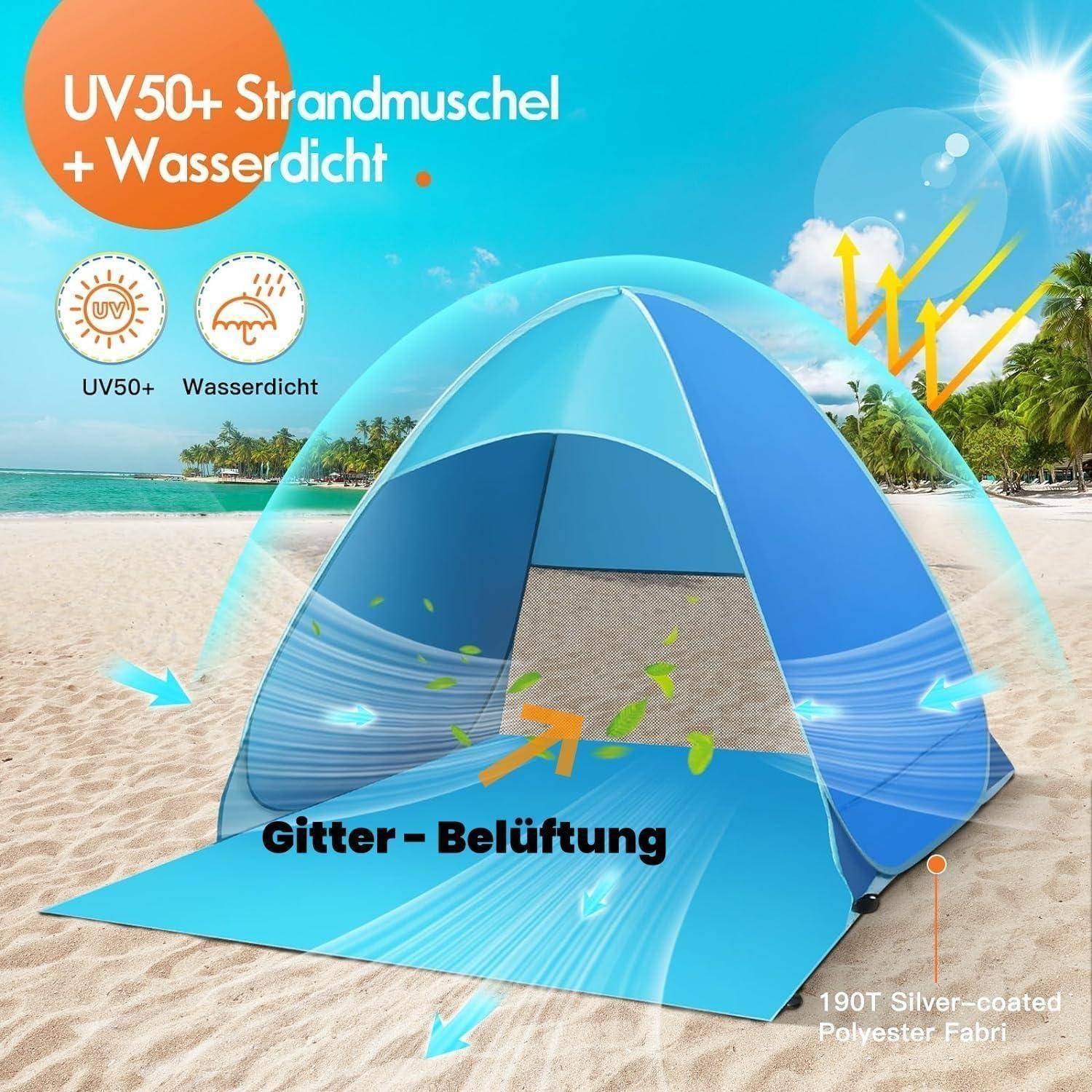Ein blauer Strand-Zelt mit der Beschriftung 'UV50+ Strandmuschel + Wasserdicht' mit Symbolen für UV-Schutz und wasserdichte Eigenschaften. Belüftungssystem ist abgebildet.