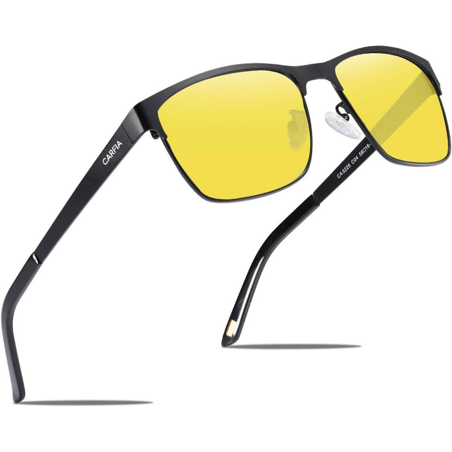 Schwarze Sonnenbrille mit gelben Gläsern und der Markenbezeichnung 'Carfia' am Bügel. Das Design ist schlicht und modern.