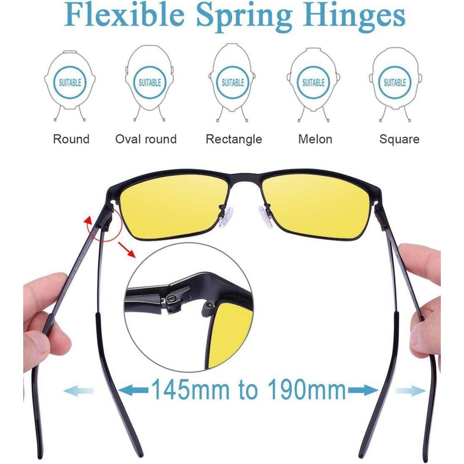Sonnenbrille mit gelben Gläsern, flexible Federscharniere, geeignet für verschiedene Gesichtsformen: rund, oval, rechteckig, melonenartig, quadratisch; einstellbare Armlänge von 145 mm bis 190 mm.