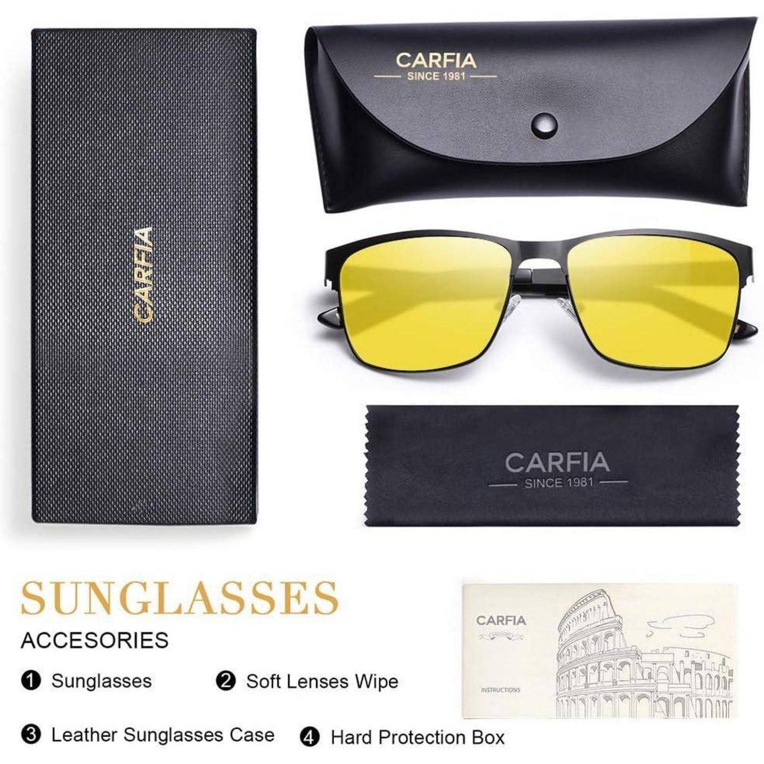Sonnenbrille-Set von Carfia enthält gelbe Linsen-Sonnenbrille, Ledertasche, Linsentuch und Hartbox. Text: 'CARFIA SEIT 1981', 'SONNENBRILLEN-ZUBEHÖR'.