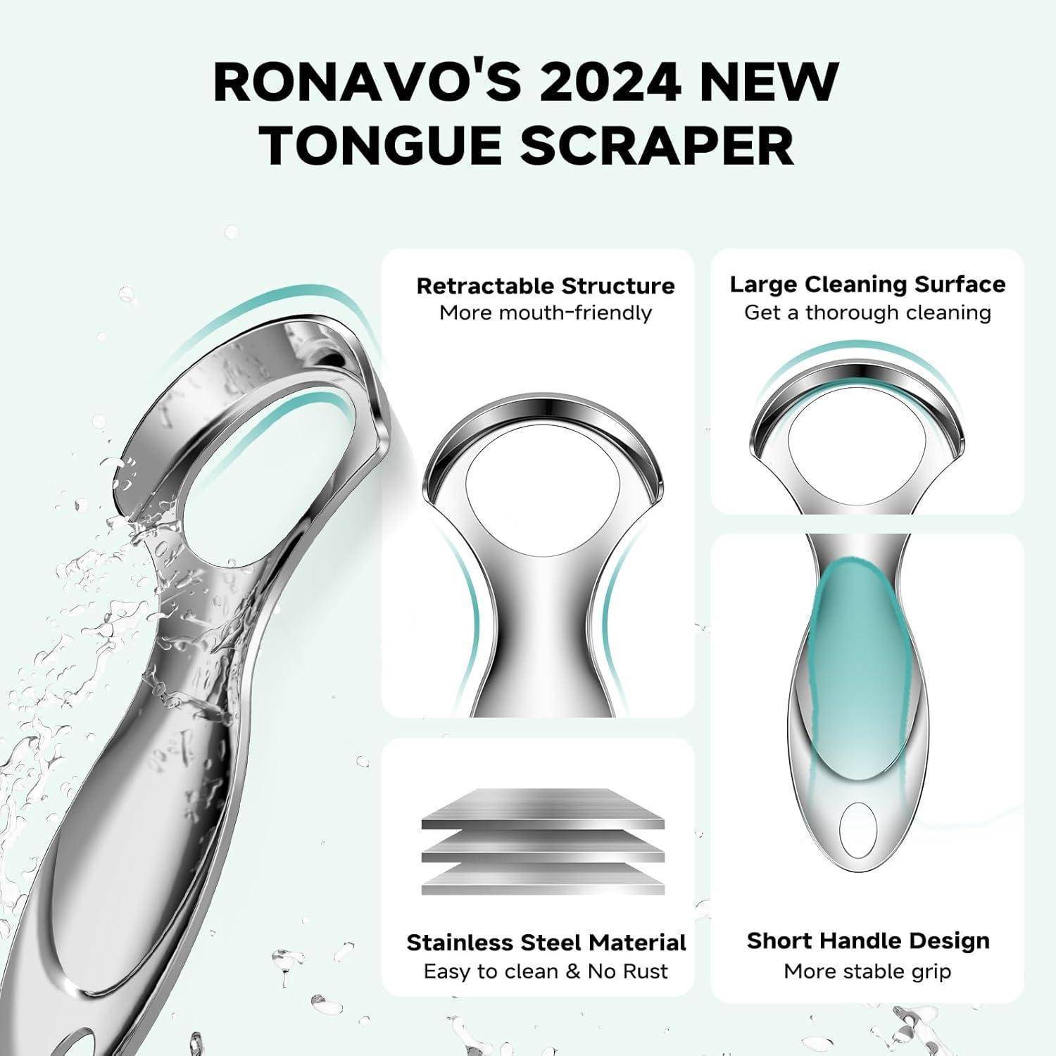 Ronavo's Zungenschaber 2024 verfügt über eine ausziehbare Konstruktion, eine große Reinigungsfläche, ein Edelstahlmaterial und ein kurzes Griffdesign.