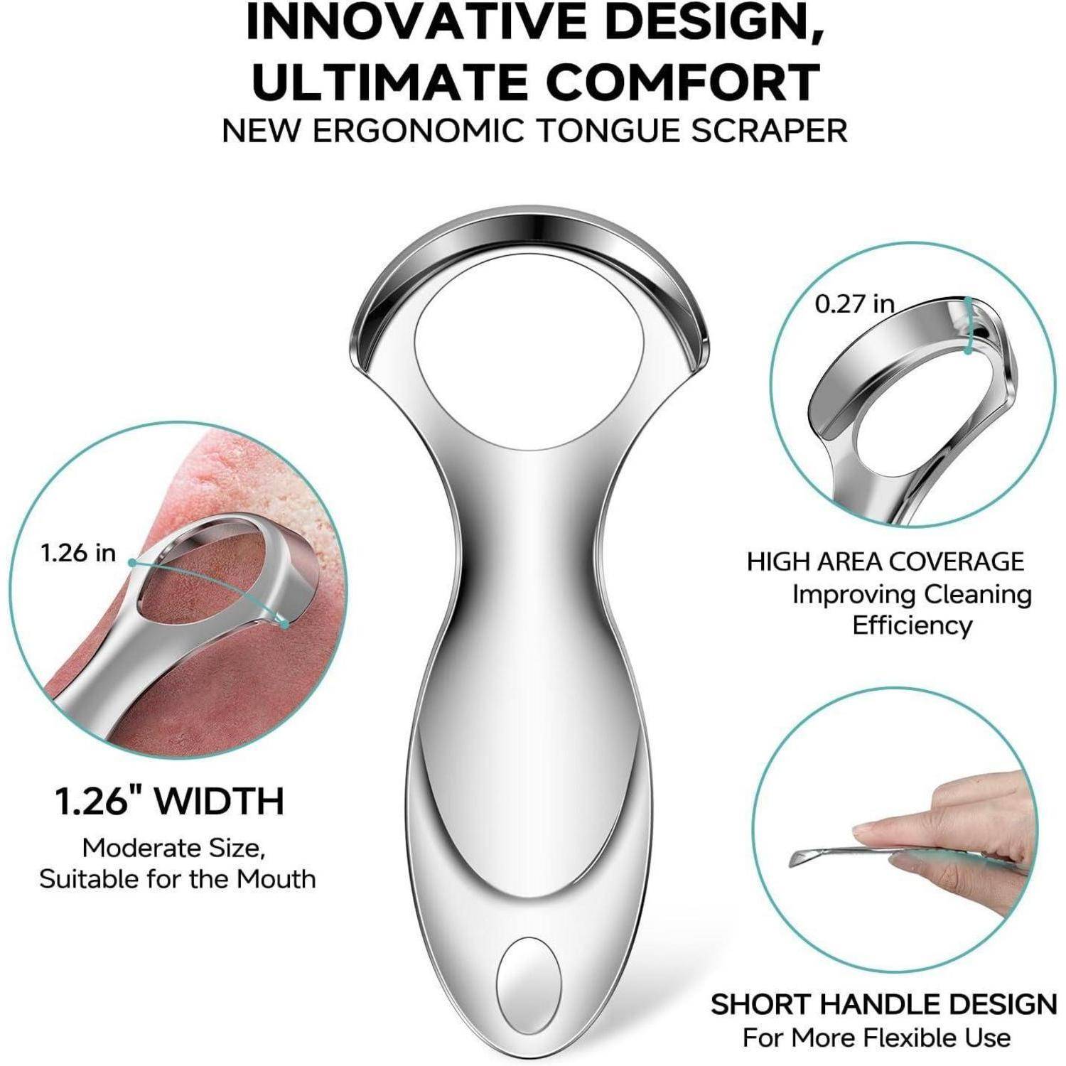 Ergonomischer Zungenschaber mit 3,2 cm Breite und hoher Flächenabdeckung für verbesserte Reinigung. Inklusive kurzem Griff für maximale Flexibilität.
