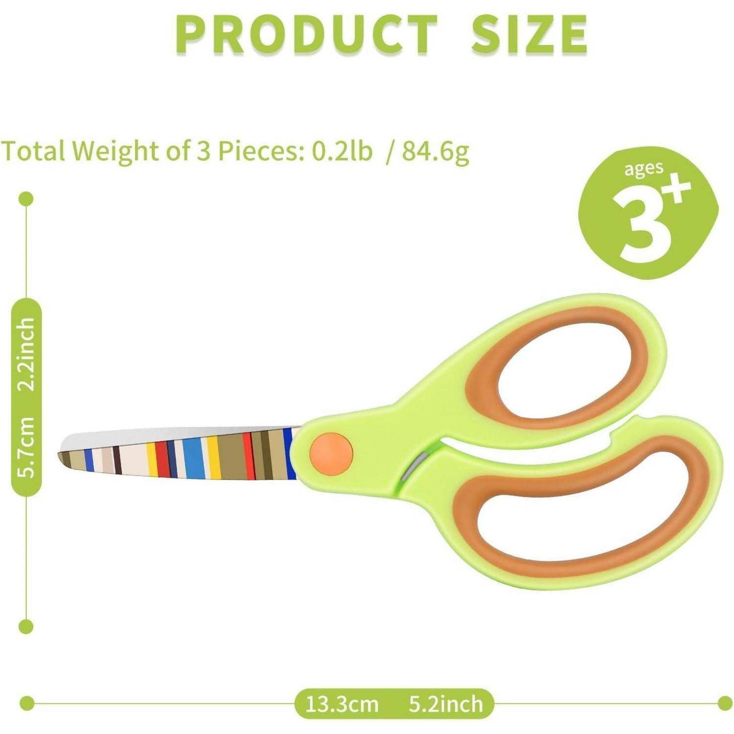 Kinderschere mit farbig gestreifter Klinge. Misst 13,3 cm in der Länge. Entwickelt für Kinder ab 3 Jahren. Leicht und sicher.