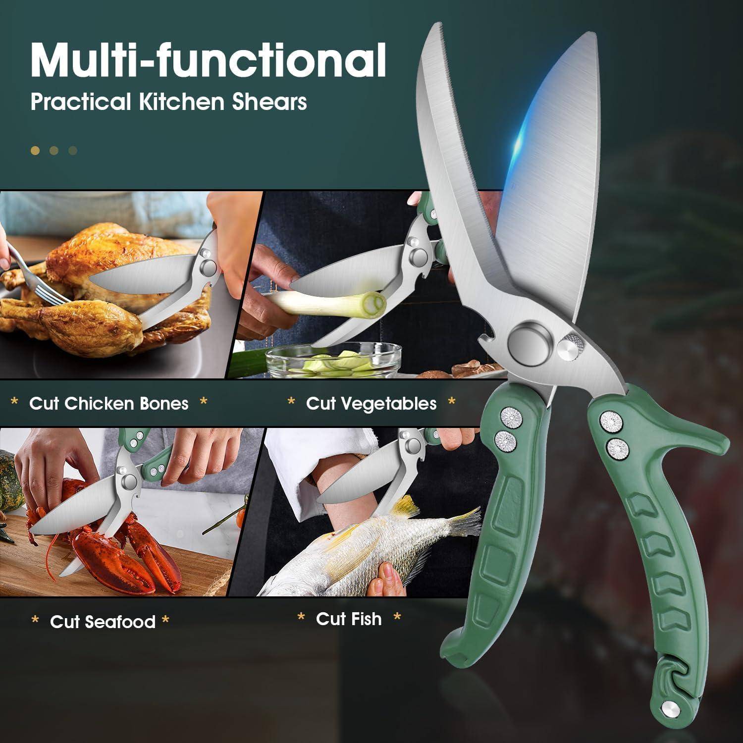 Multifunktionale praktische Küchenschere, dargestellt beim Schneiden von Hühnerknochen, Gemüse, Meeresfrüchten und Fisch, mit grünen Griffen an der Schere.