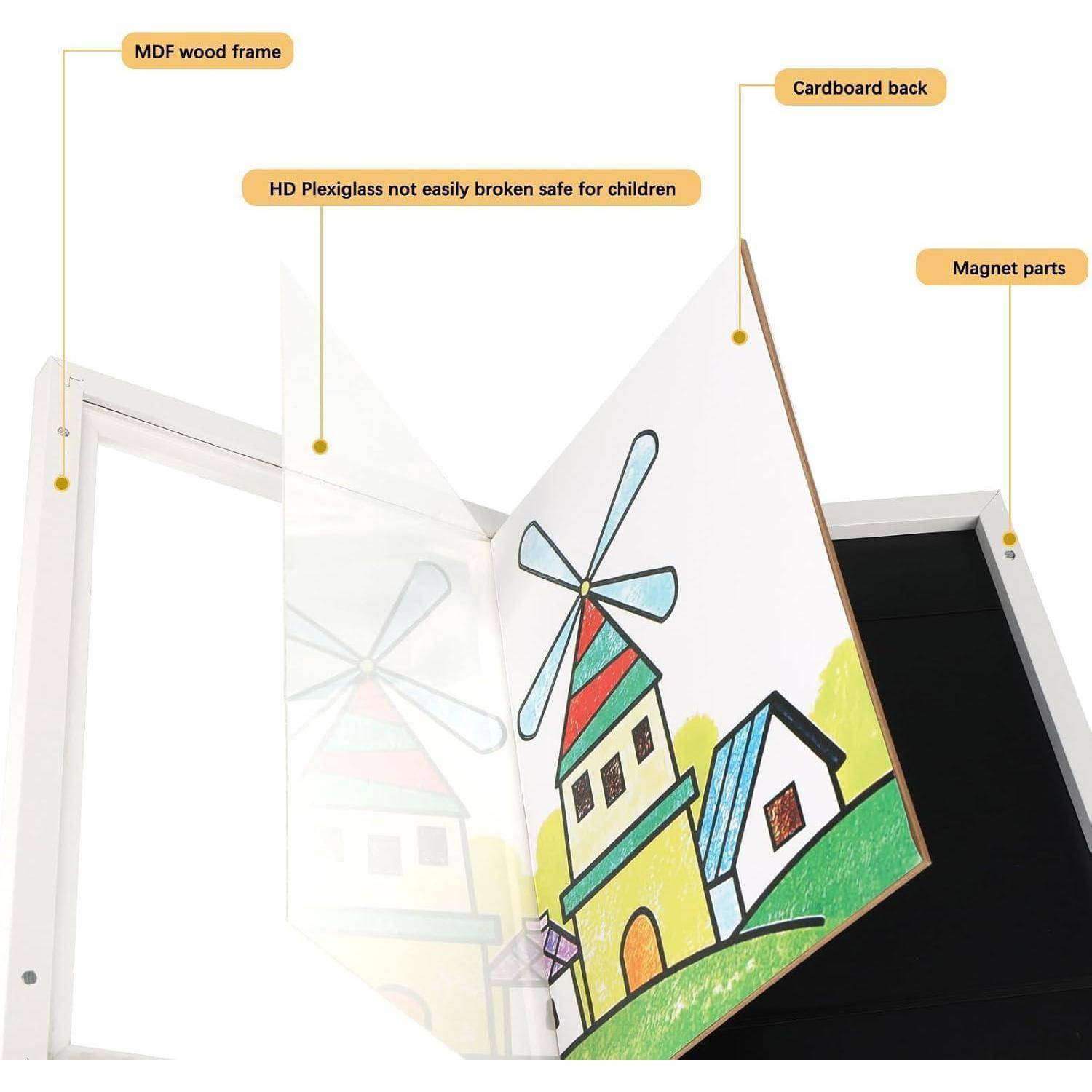 Weißer Bilderrahmen mit hervorgehobenen Merkmalen: 'MDF-Holzrahmen', 'HD-Plexiglas, nicht leicht zu brechen, kindersicher', 'Rückseite aus Pappe' und 'Magnetteile'.