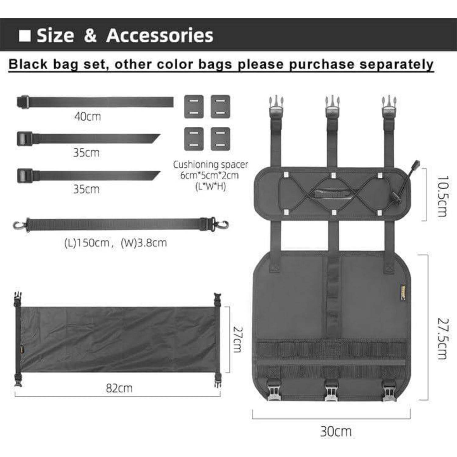 Größe & Zubehör: Diagramm mit Abmessungen eines schwarzen Taschensets: Riemen (40cm, 35cm), Polsterabstandshalter (6cmx5cmx2cm), Tasche (82cmx27cm).