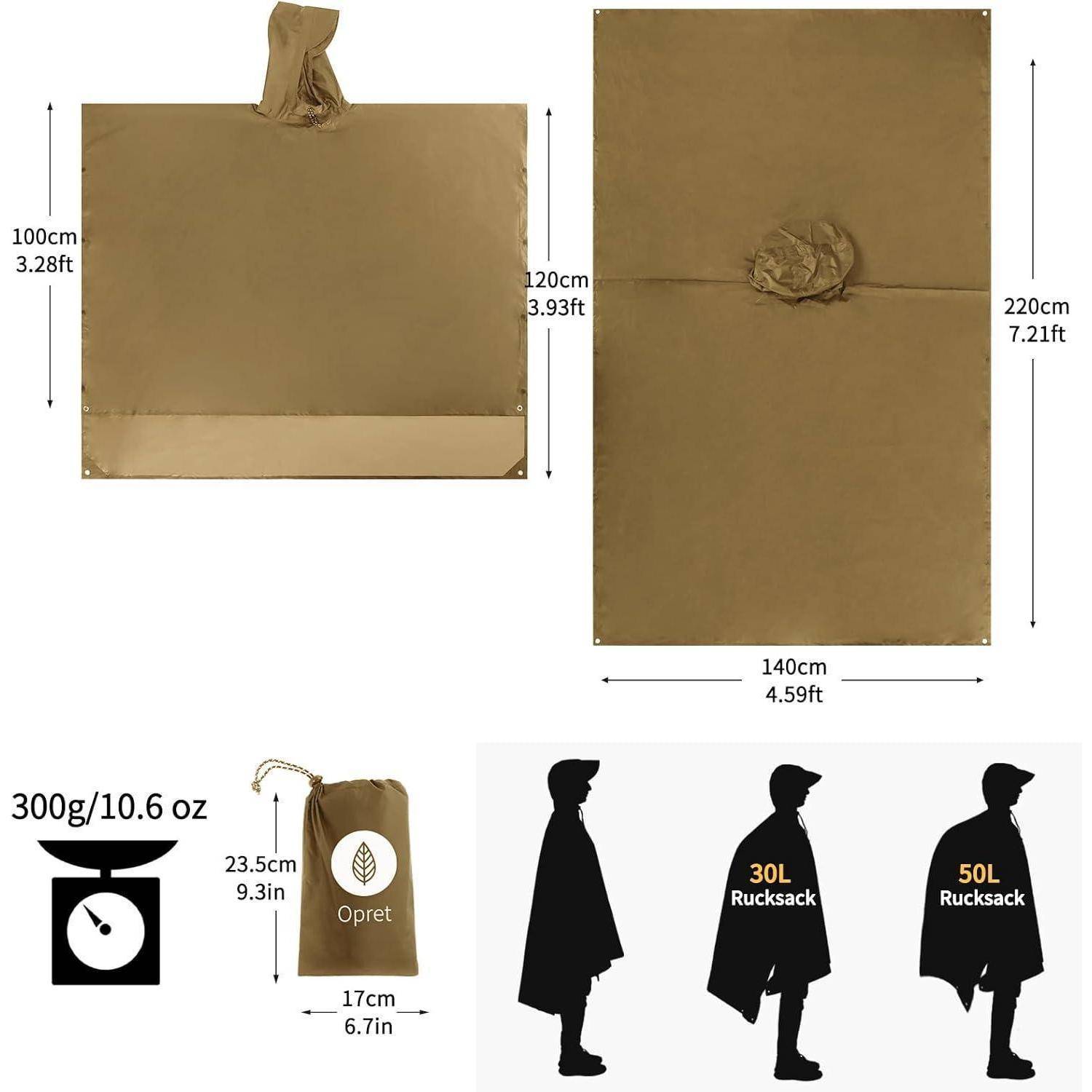 Brauner Regenponcho, mit Kapuze designed, 100cm x 220cm; faltbar in kompakte Tasche (23,5cm x 17cm). Geeignet für Transport in 30L- und 50L-Rucksäcken.