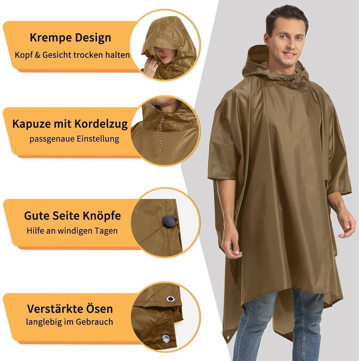 Mann trägt einen braunen Regenponcho mit Kapuze, versehen mit Kordelzug, seitlichen Knöpfen und verstärkten Ösen. Der Text hebt die Designmerkmale des Ponchos hervor.