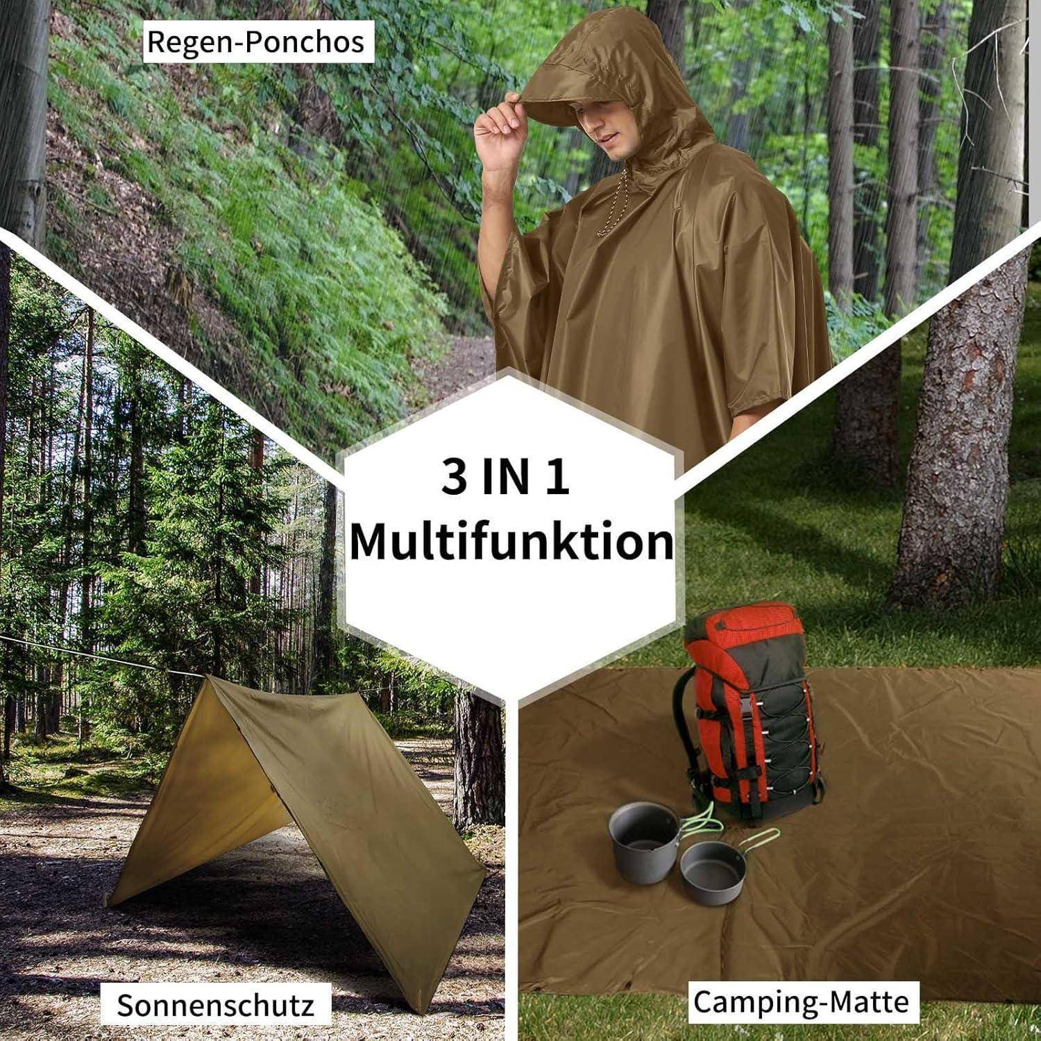 Eine Collage zeigt eine Person mit einem Regenponcho in einem Wald, ein Zelt als Sonnenschutz und eine Campingmatte mit einem Rucksack und Bechern. Zentrale Text: '3 IN 1 Multifunktion'.