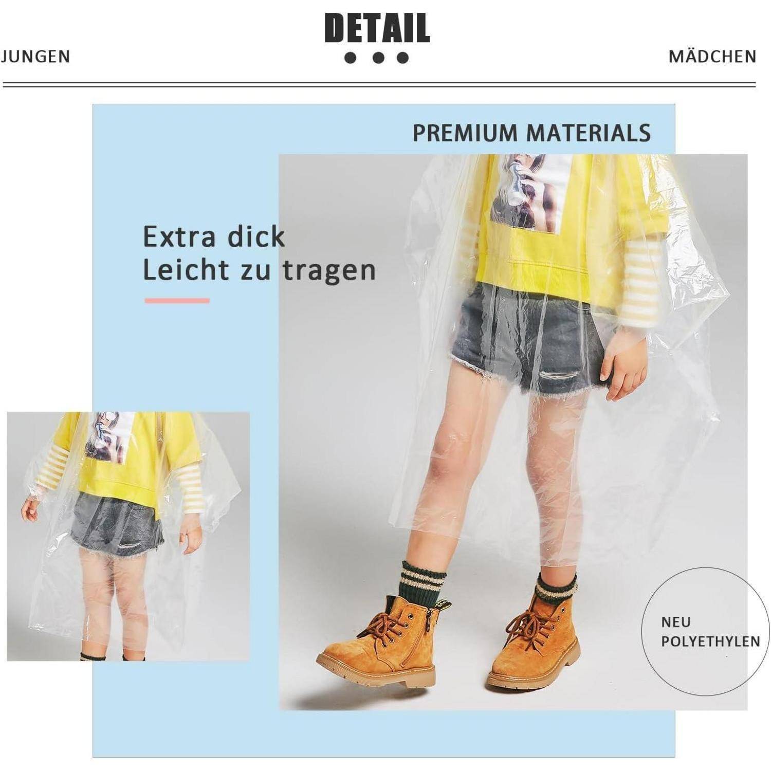 Kind, das einen durchsichtigen Regenmantel über lässiger Kleidung trägt, mit dem Text 