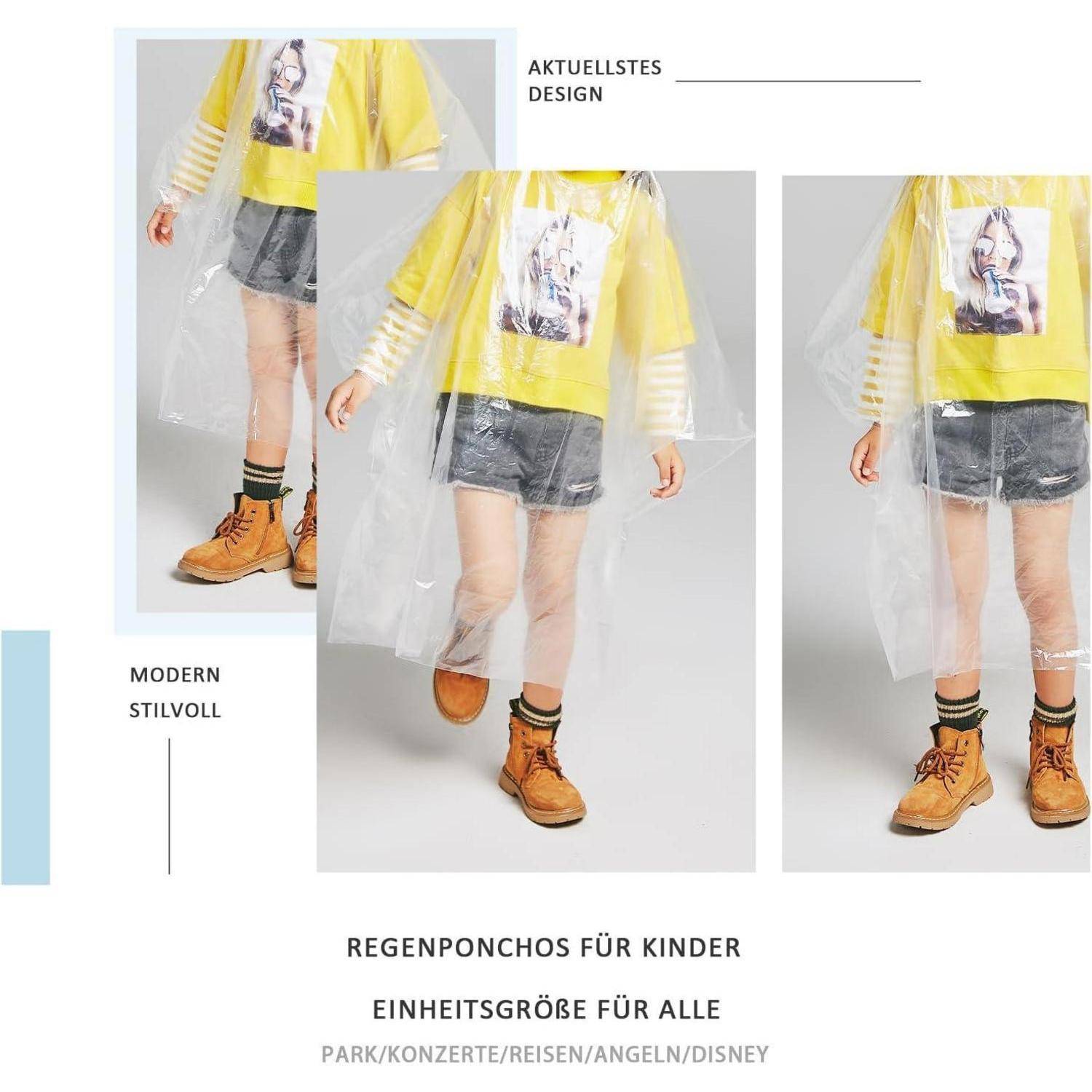 Ein Kind trägt einen gelben Regenponcho über lässiger Kleidung und Stiefeln, mit dem Text 'Regenponchos für Kinder' und 'Einheitsgröße für alle'.