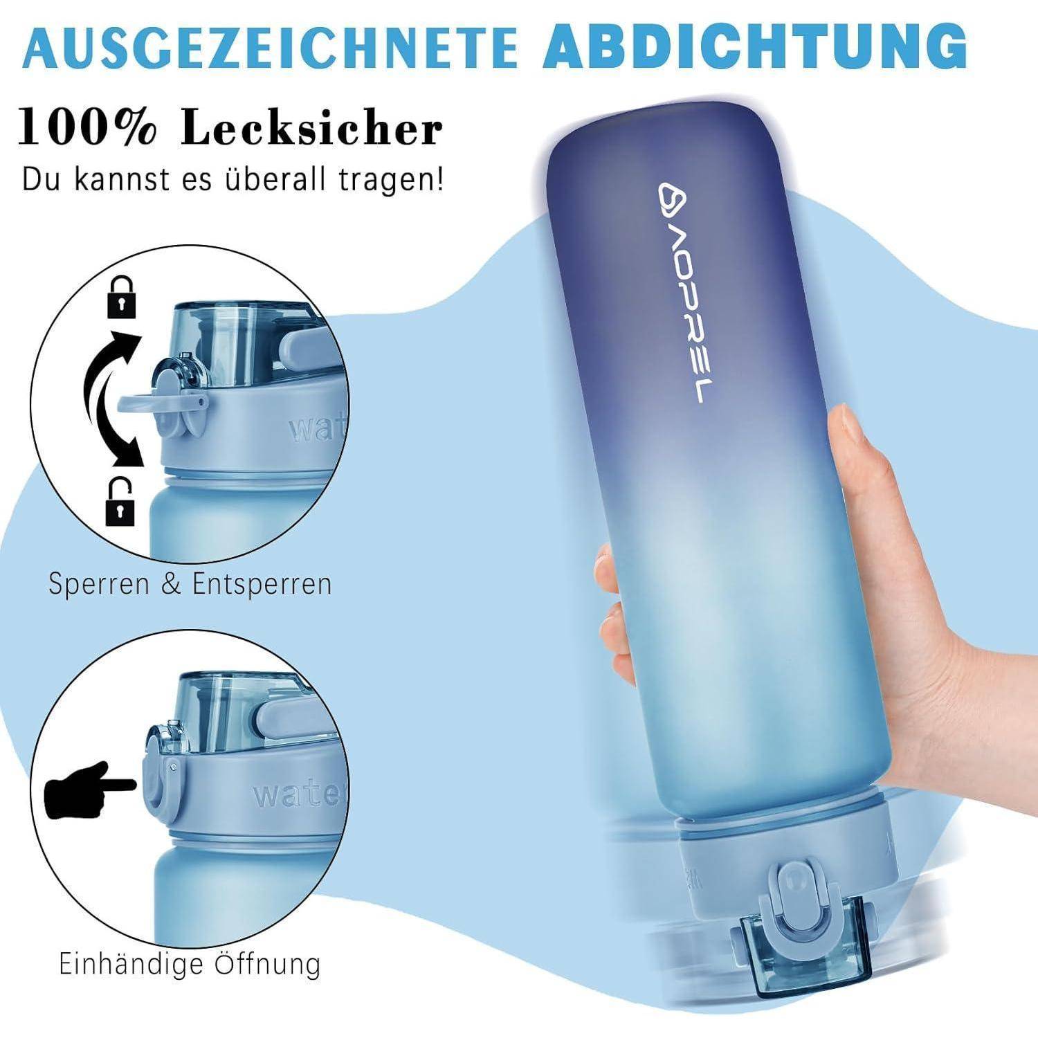 Eine Hand hält eine blaue Wasserflasche mit einem verschließbaren Deckel. Der Text auf Deutsch betont das auslaufsichere Design und die Tragbarkeit.