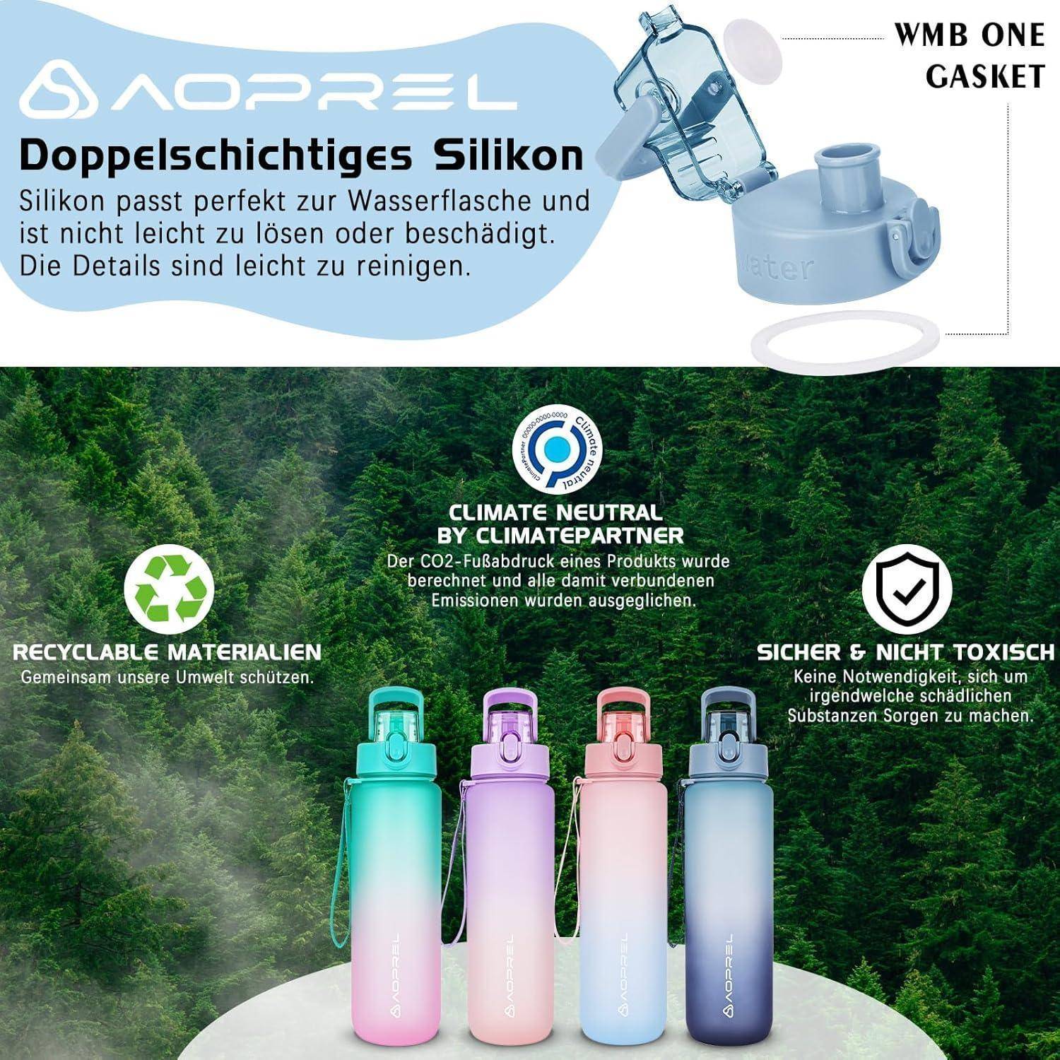 WMB ONE Dichtung Doppelschicht-Silikon-Flasche, erhältlich in verschiedenen Farben. Zeichnet sich durch Klimaneutralität, recycelbare Materialien und schadstofffreie Sicherheit aus.