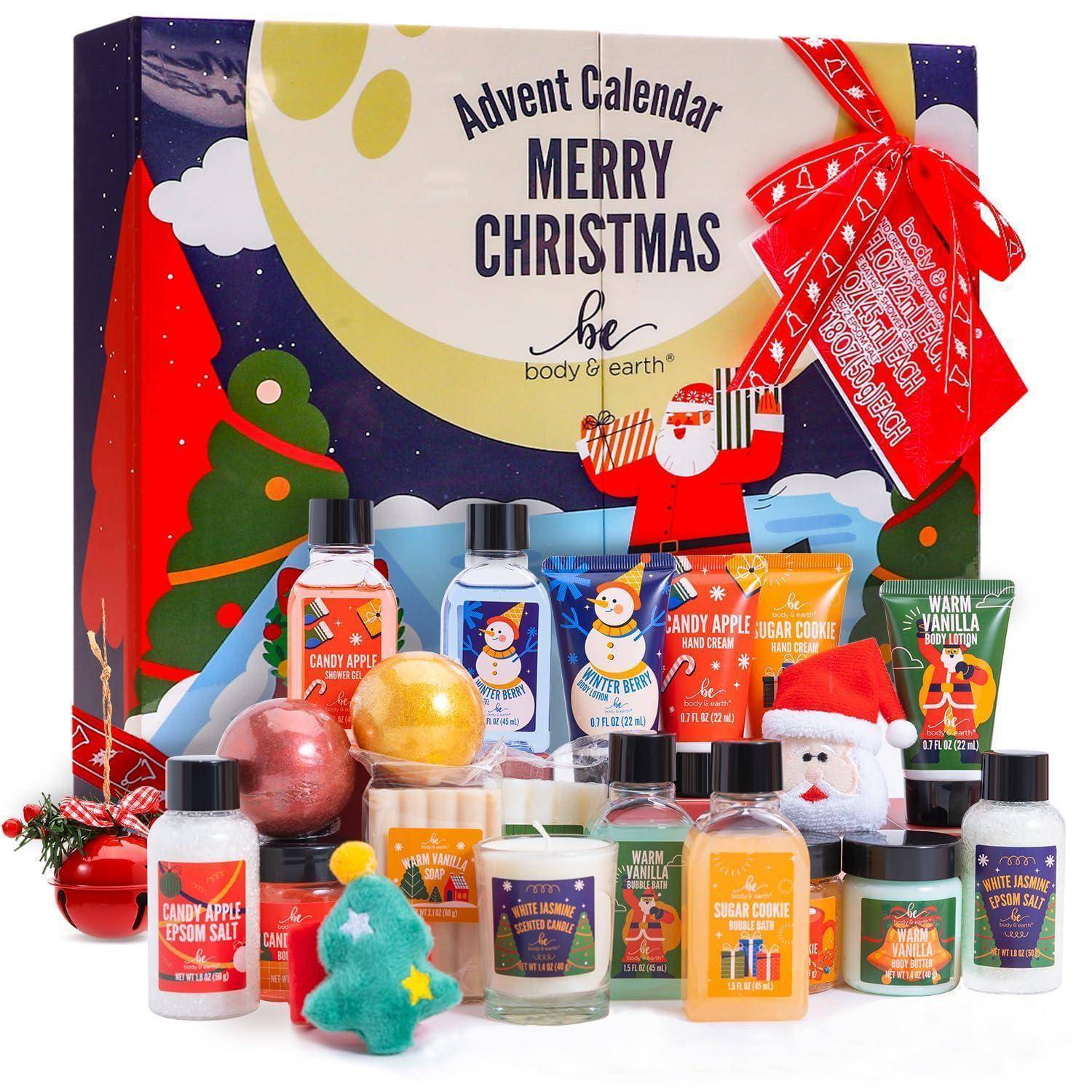 Adventskalender mit 'FRÖHLICHE WEIHNACHTEN'-Schriftzug, mit Badprodukten wie Seifen und Lotionen. Motive von Weihnachtsmann, Weihnachtsbaum und Geschenkbox.