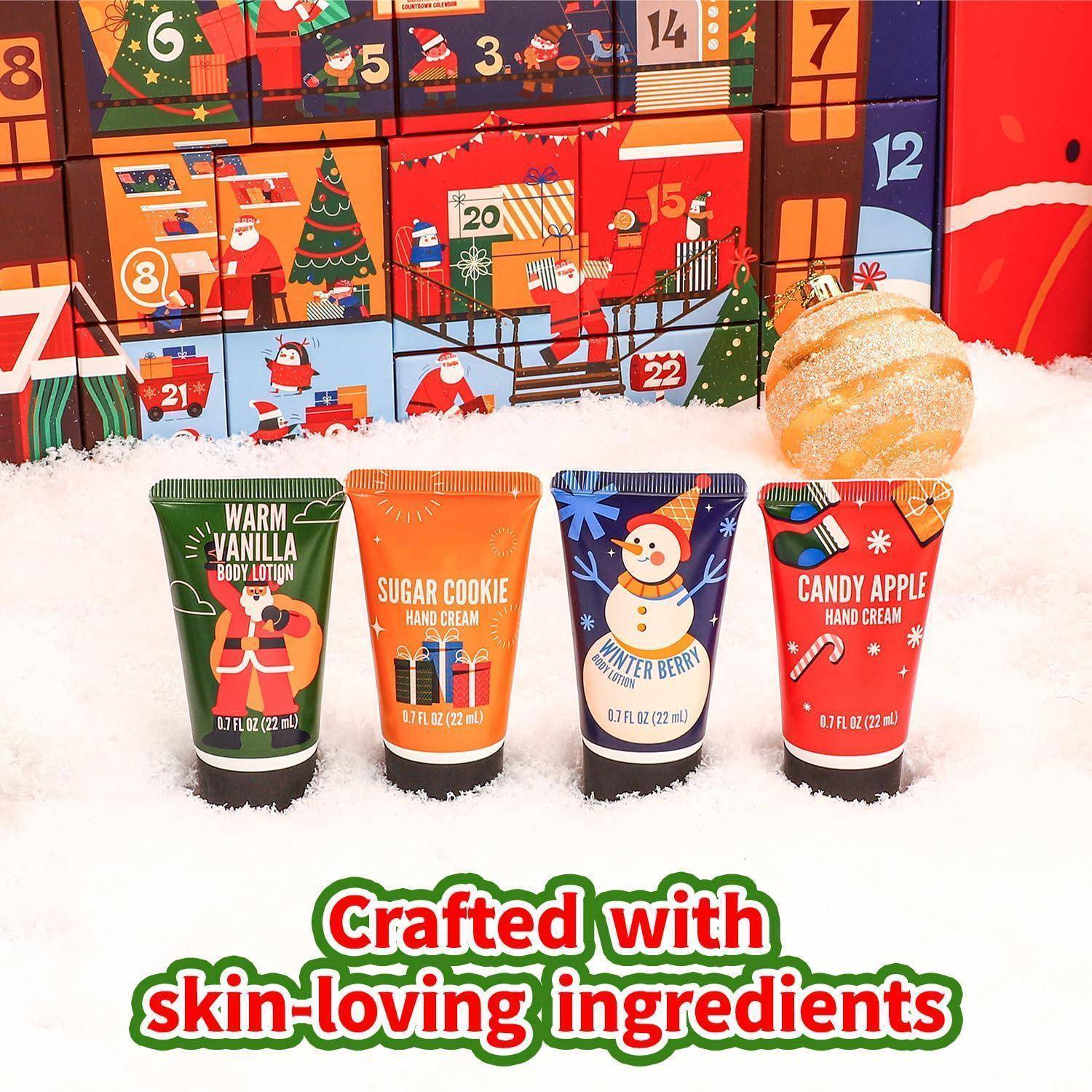 Vier festliche Handcreme-Tuben mit den Bezeichnungen ‚Warme Vanille', ‚Plätzchen', ‚Winterbeere' und ‚Candy Apple' auf Schnee mit einem bunten Kalender im Hintergrund. Text lautet: ‚Mit hautpflegenden Inhaltsstoffen hergestellt.