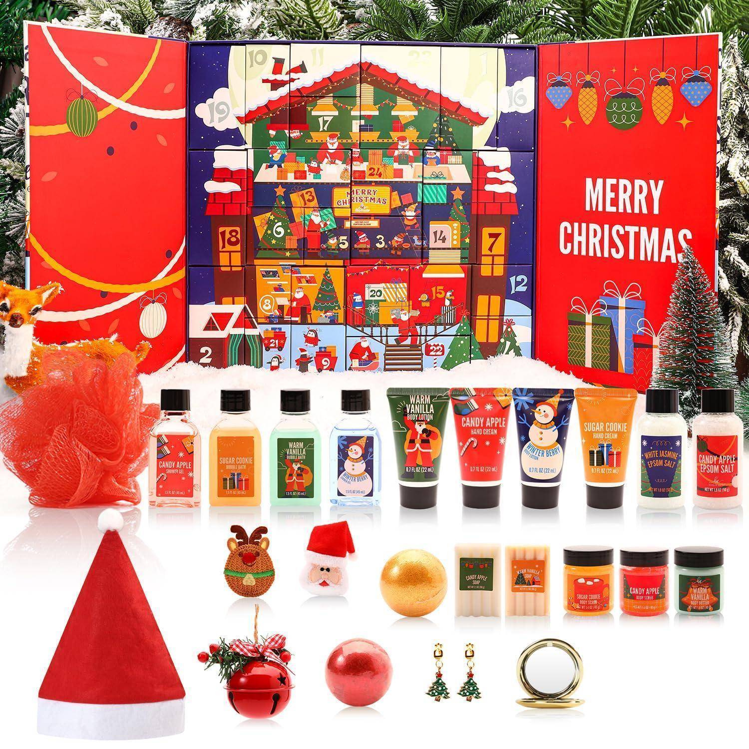 Adventskalender mit nummerierten Türchen, 'Frohe Weihnachten' Text, festlicher Dekoration und verschiedenen saisonalen Badeprodukten wie Lotionen und Weihnachtsschmuck.